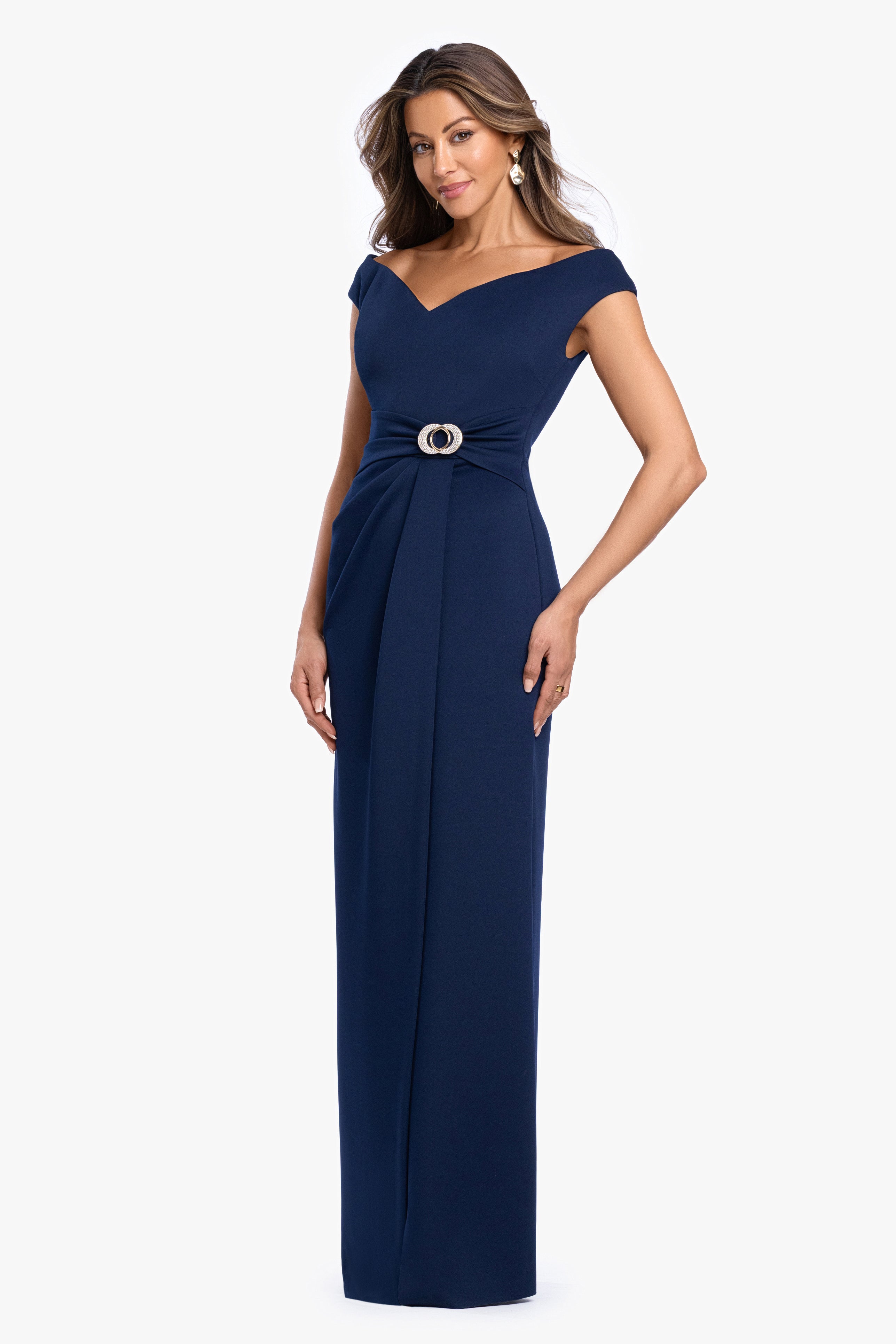 Petite "Shiloh" Techno Scuba Off Shoulder Dress