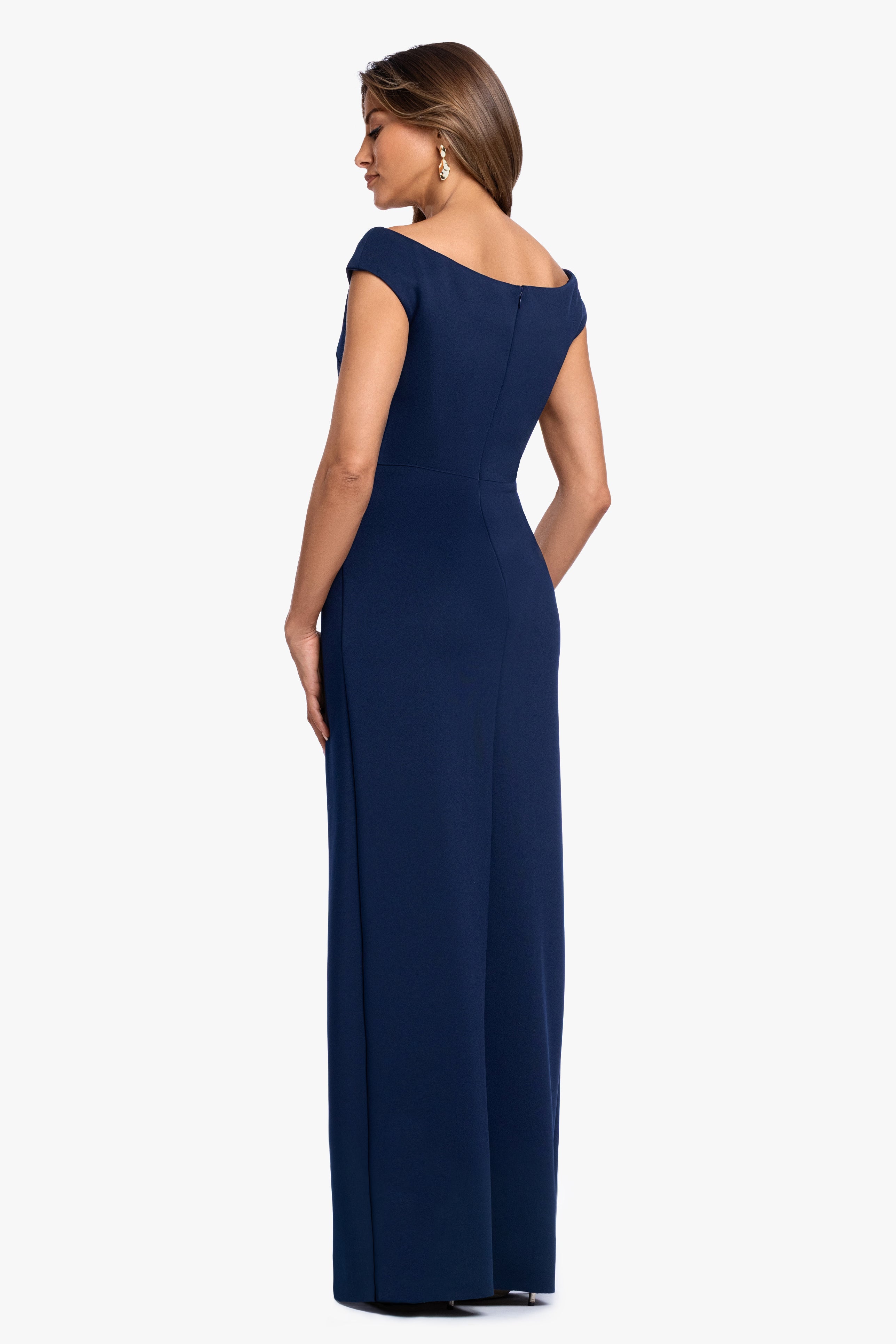 Petite "Shiloh" Techno Scuba Off Shoulder Dress