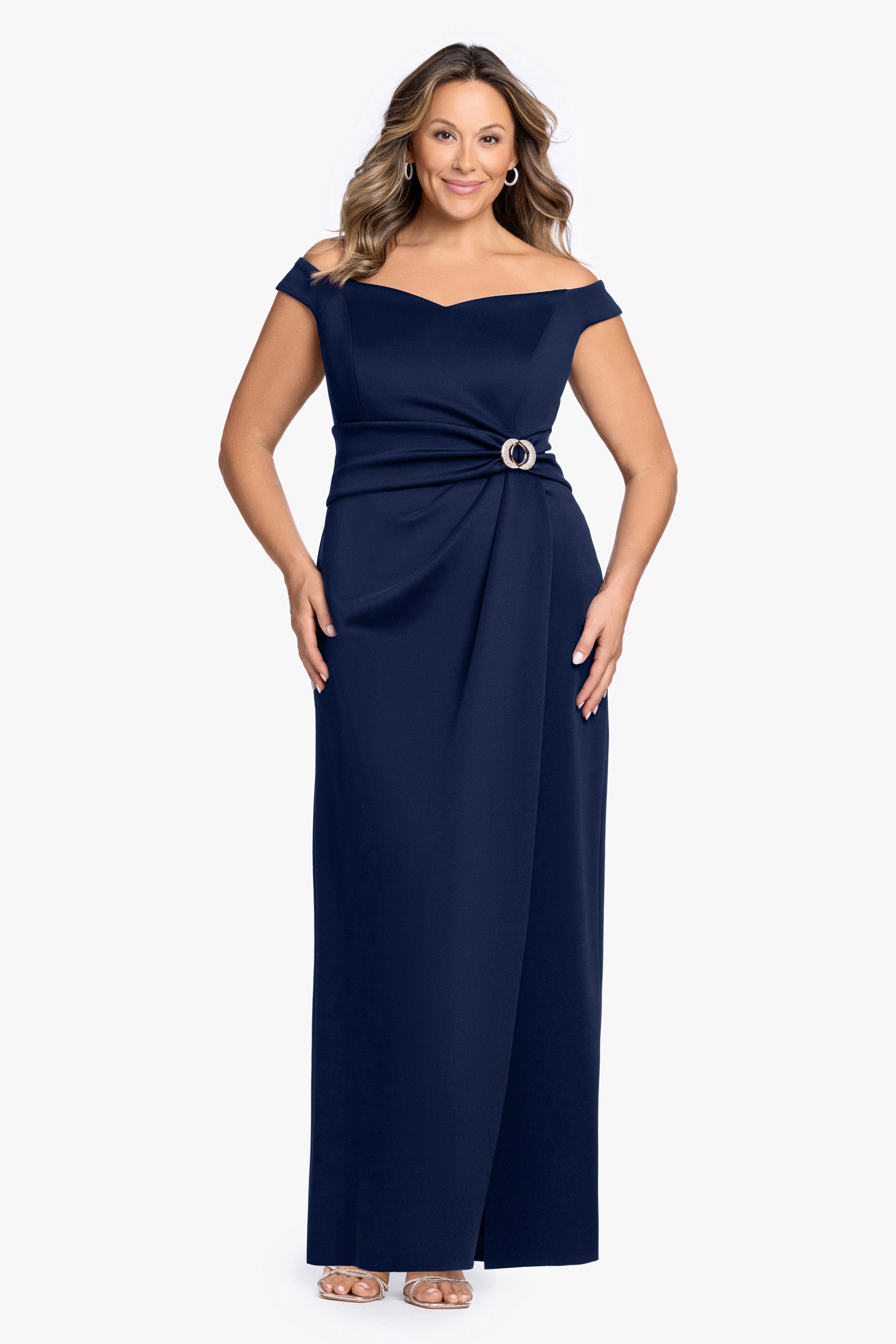 Plus "Shiloh" Techno Scuba Off Shoulder Dress