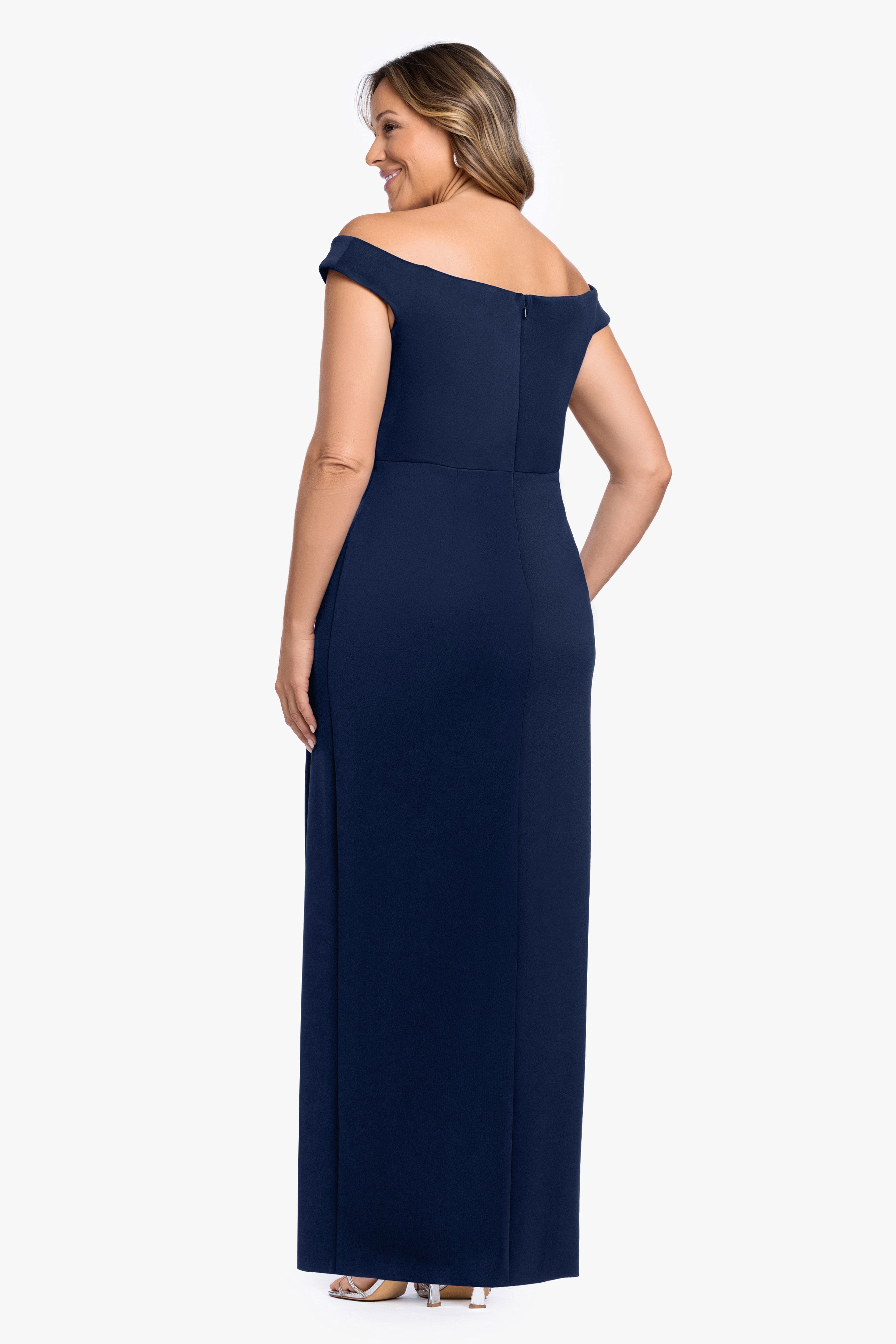 Plus "Shiloh" Techno Scuba Off Shoulder Dress
