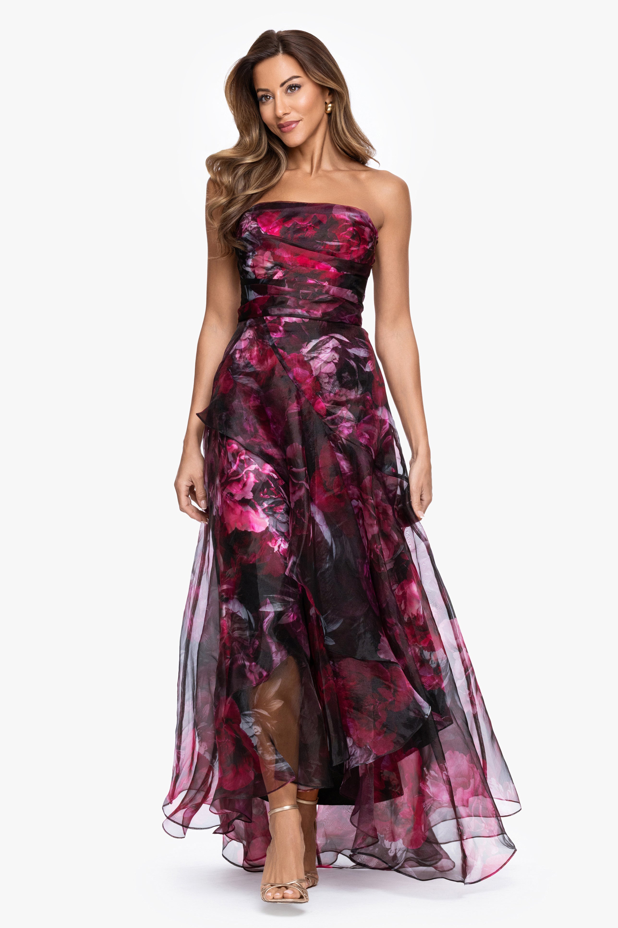 "Klara" Printed Organza Strapless Dress
