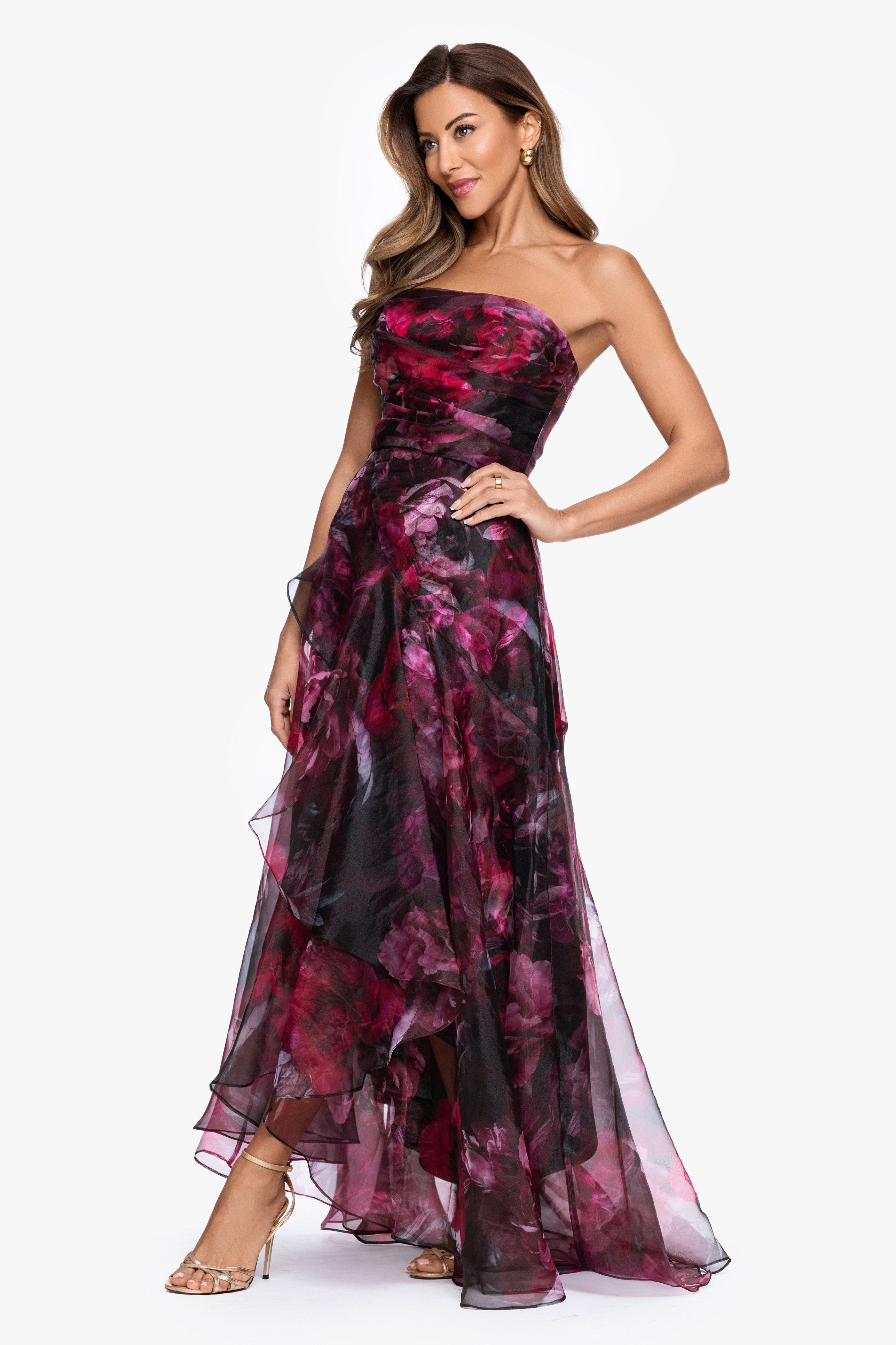 "Klara" Printed Organza Strapless Dress