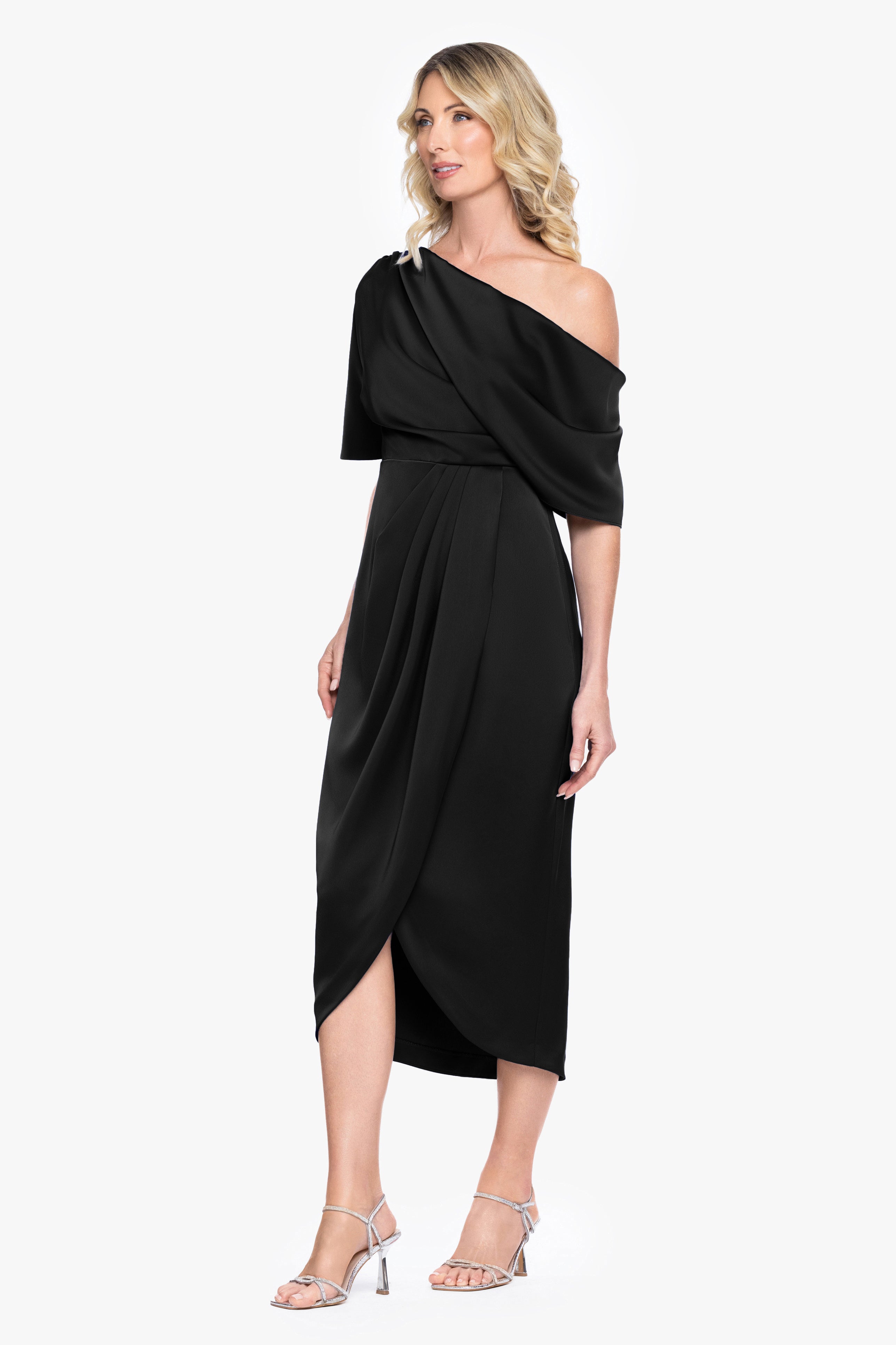 "Sylvie" Satin Short Sleeve Tulip Midi Dress