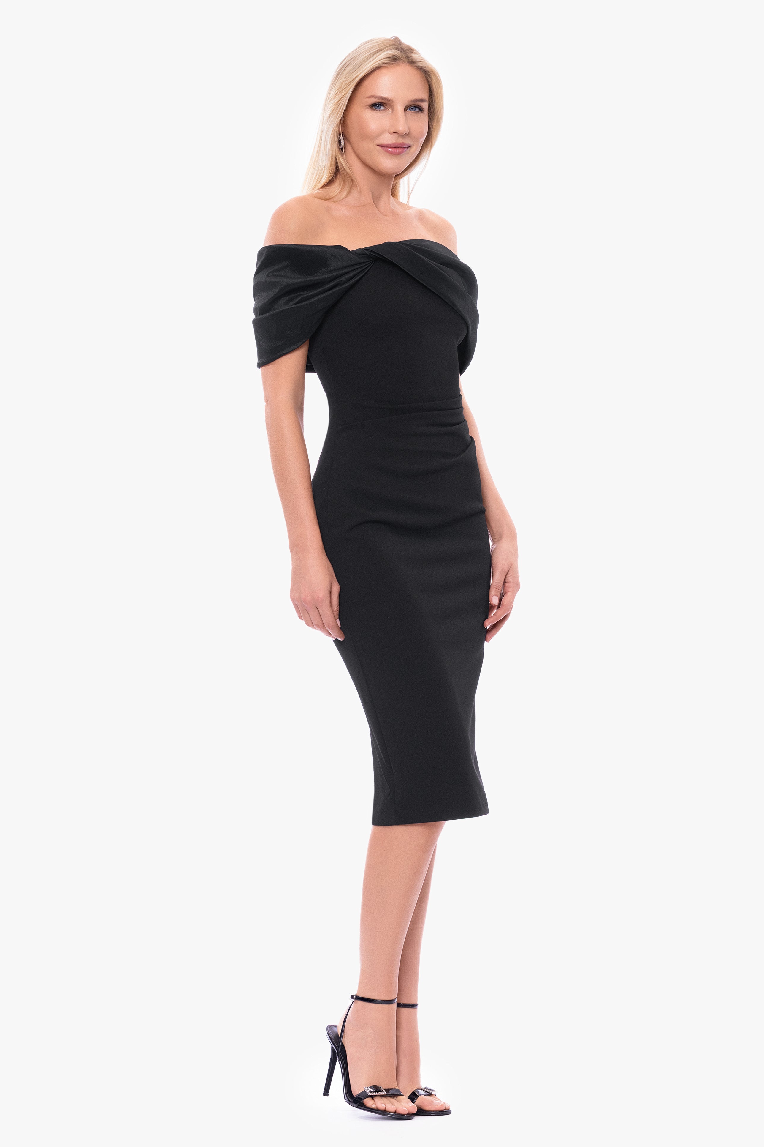 off the shoulder scuba crepe cocktail dress Sloane Scuba Crepe Off the Shoulder Midi Dress