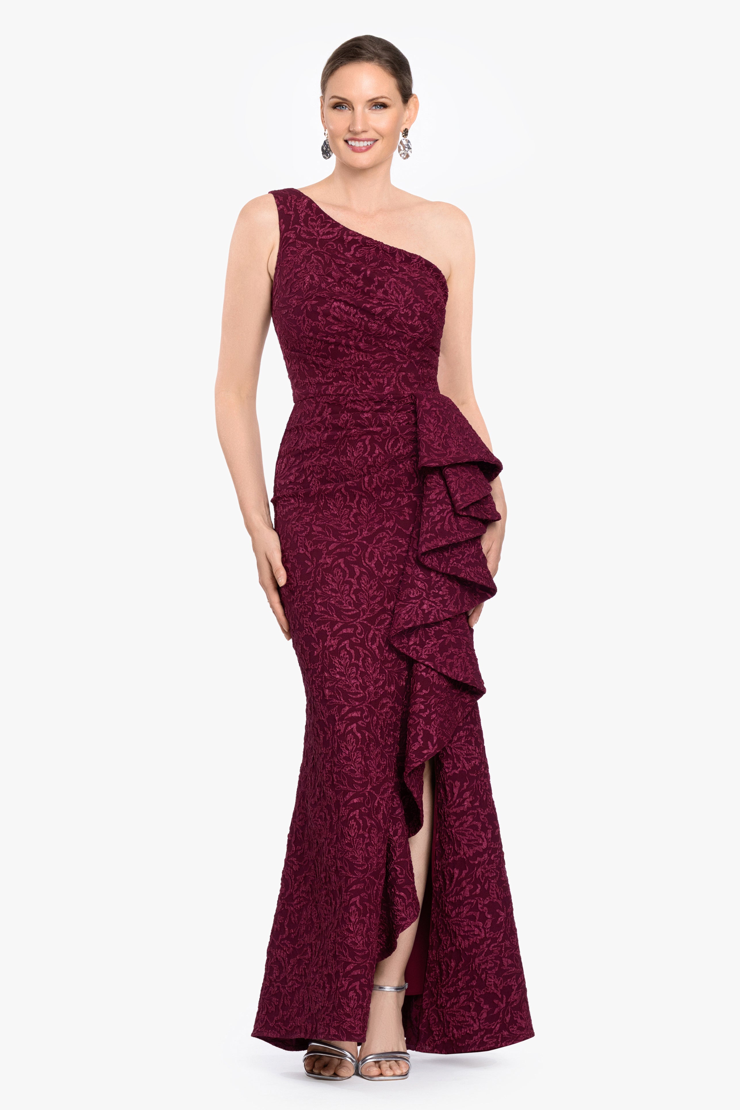 "Rosalia" Brocade One Shoulder Side Ruffle Dress