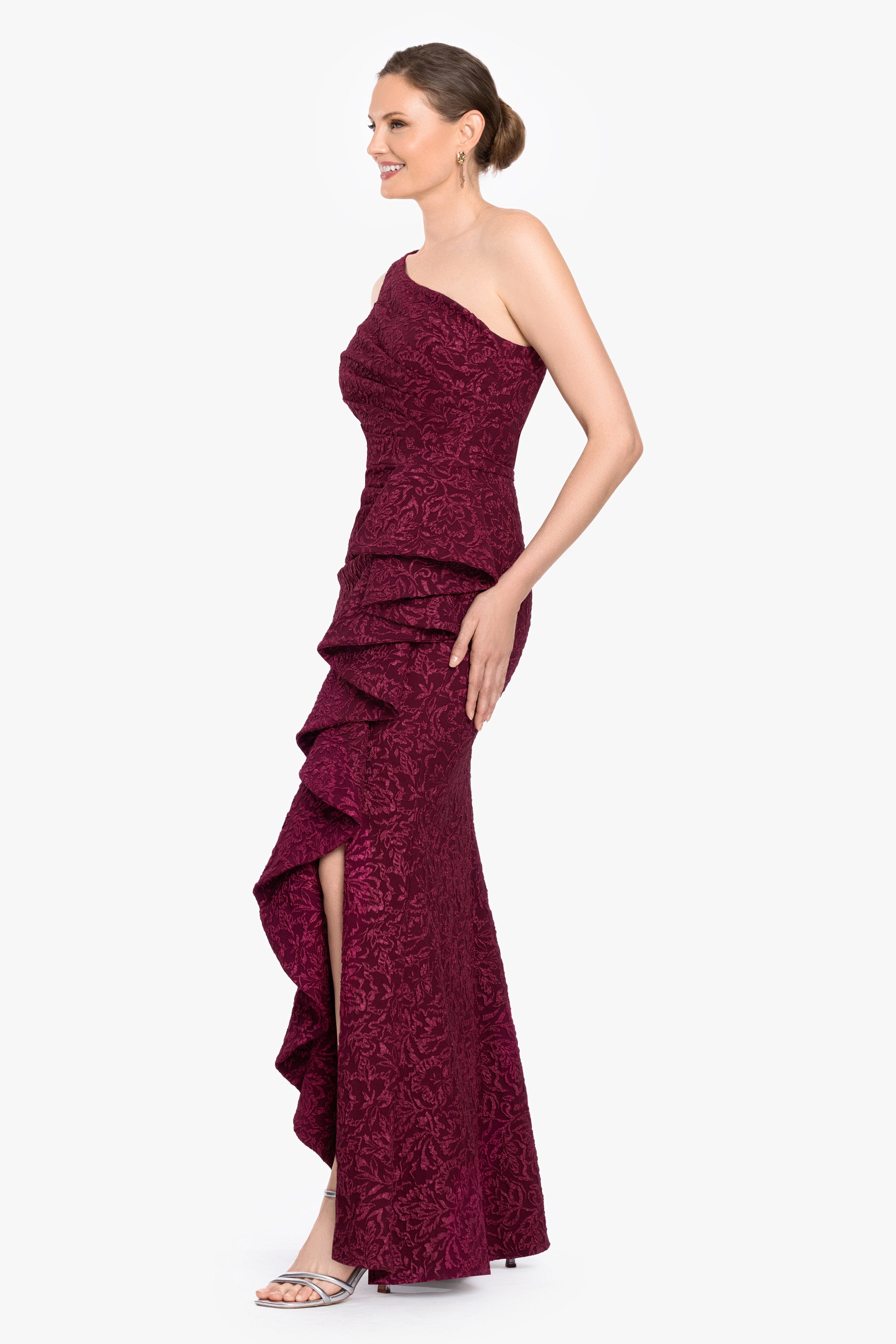 "Rosalia" Brocade One Shoulder Side Ruffle Dress