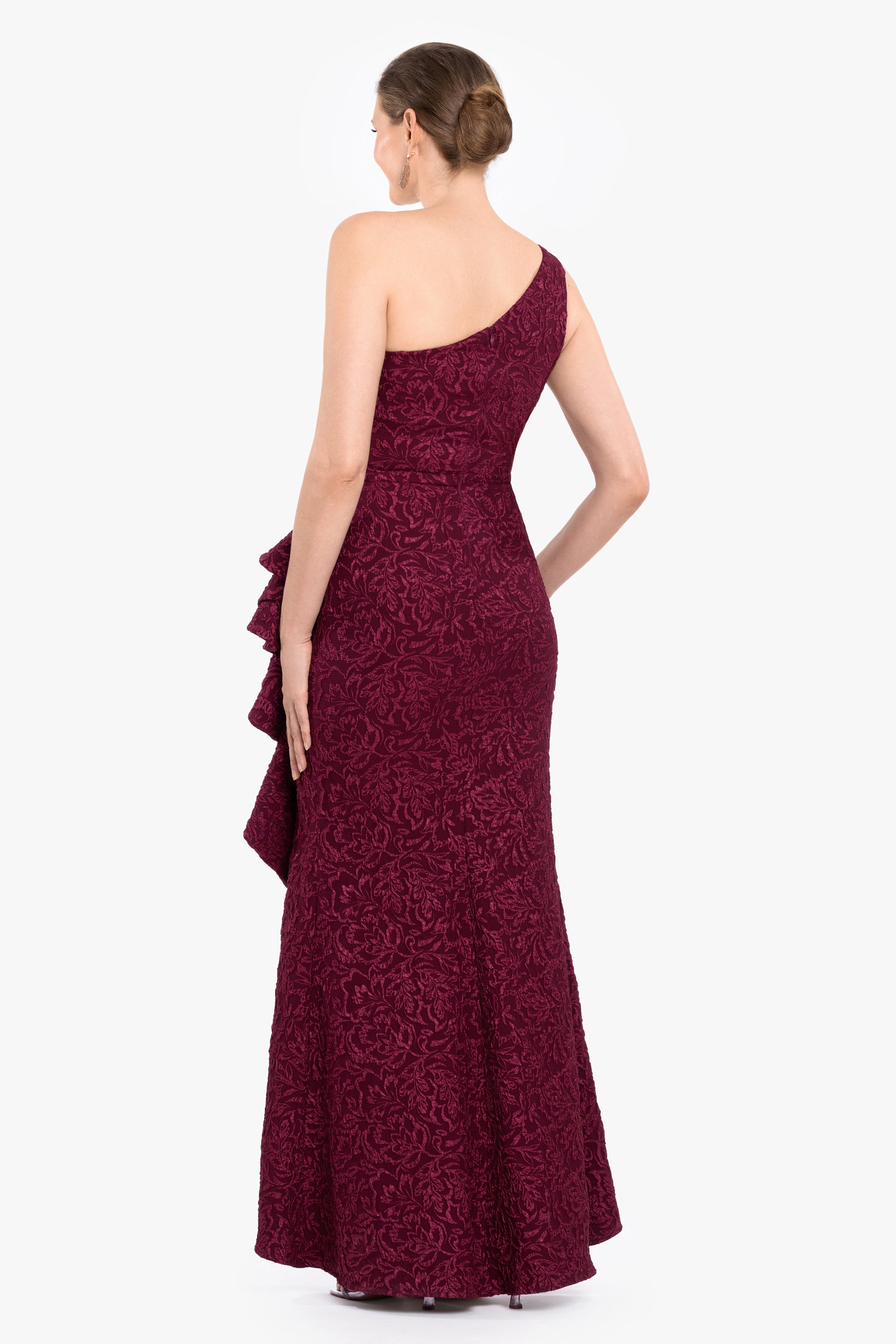 "Rosalia" Brocade One Shoulder Side Ruffle Dress