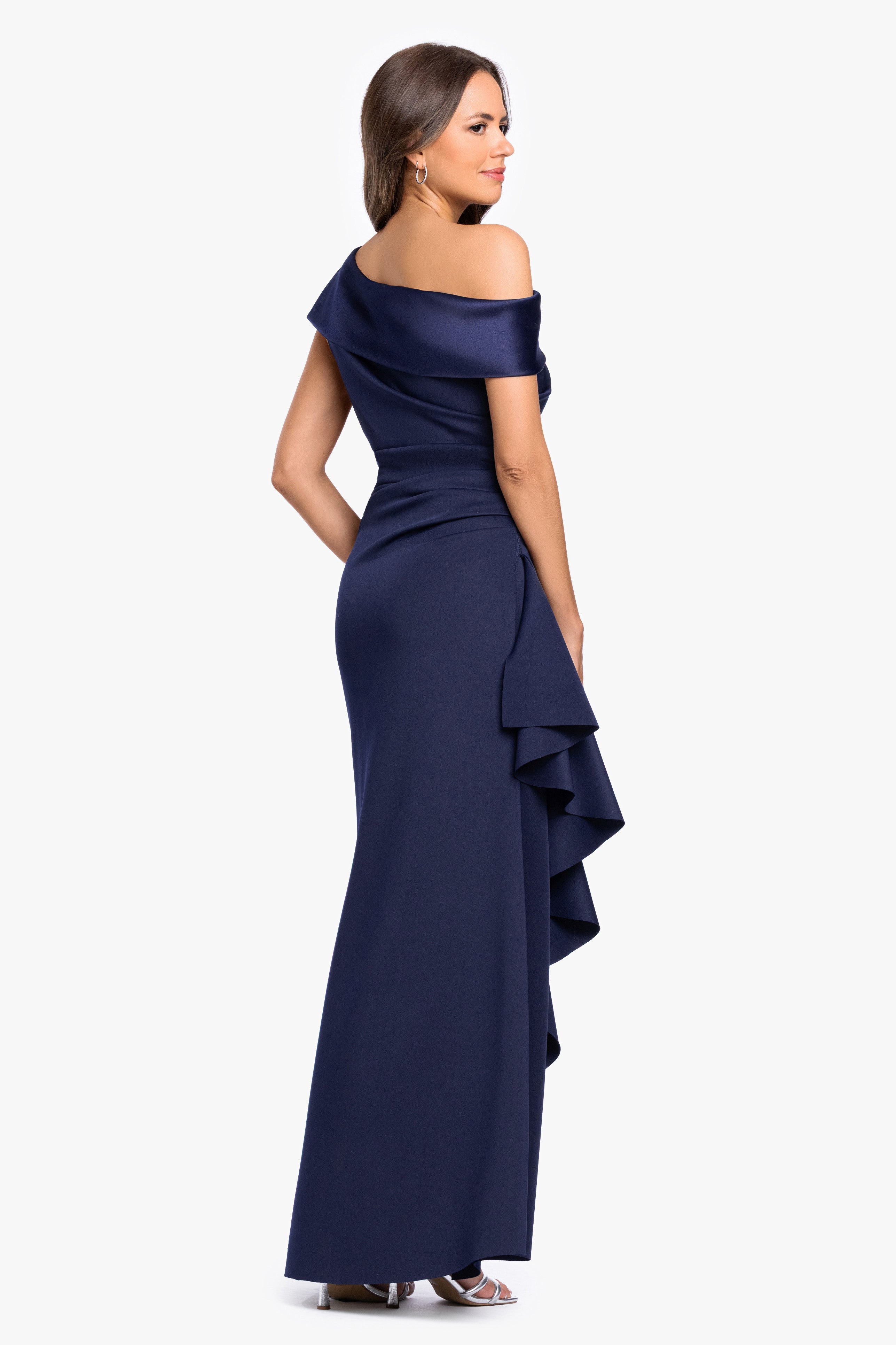 Petite "Mariah" Techno Scuba Off The Shoulder Dress