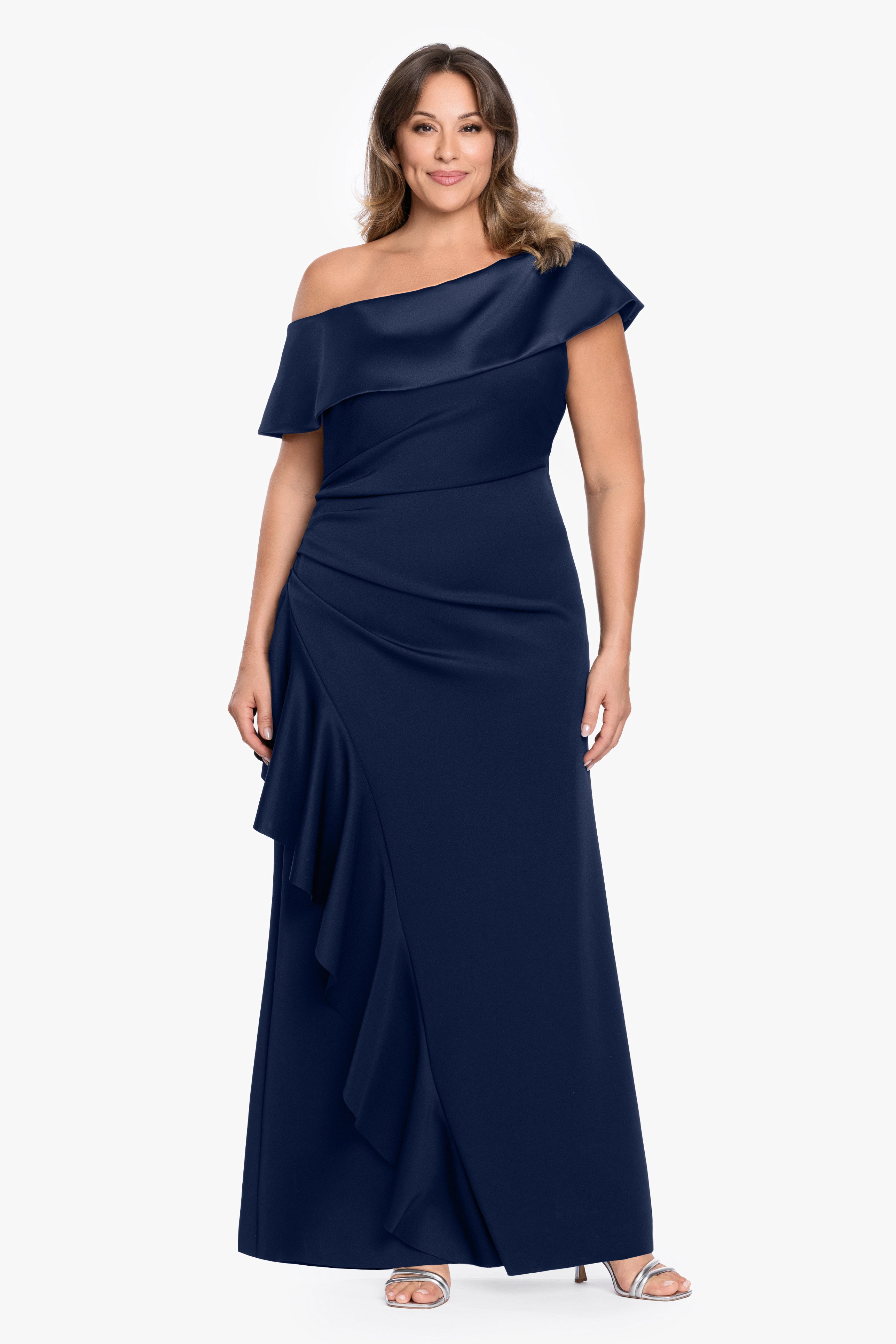 Plus "Mariah" Techno Scuba Off The Shoulder Asymmetrical Neck Long Dress