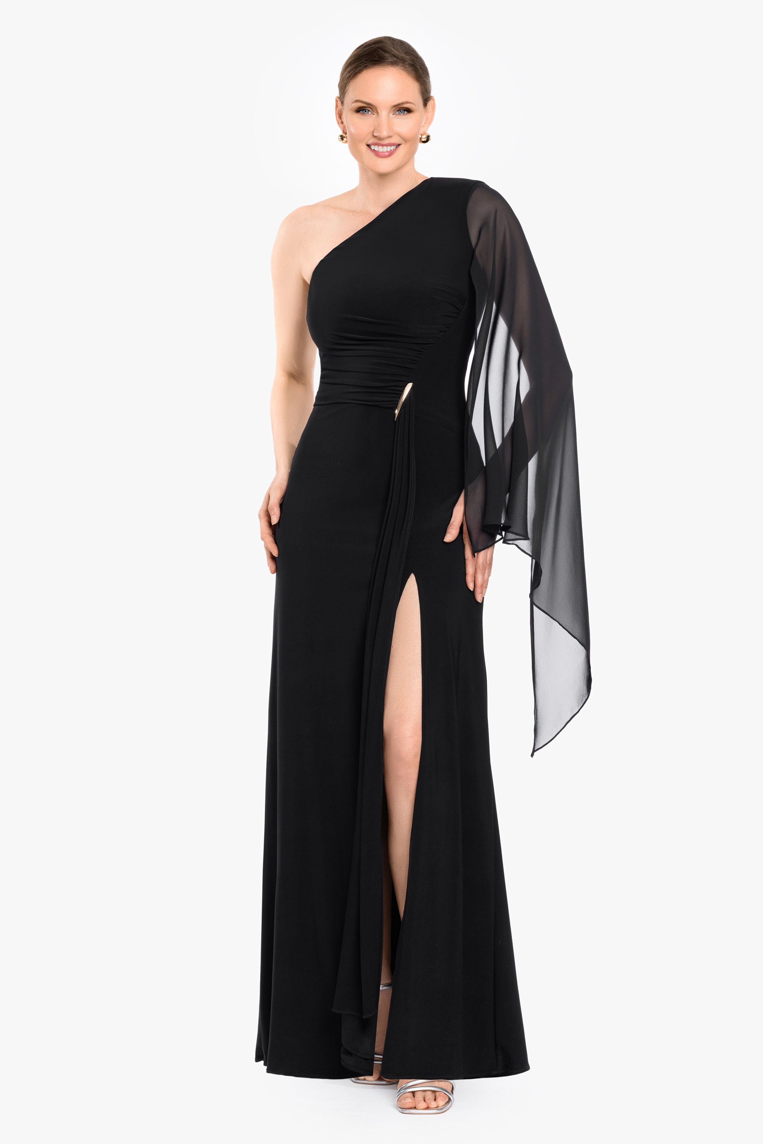 "Colleen" Jersey Knit & Chiffon One Shoulder Dress