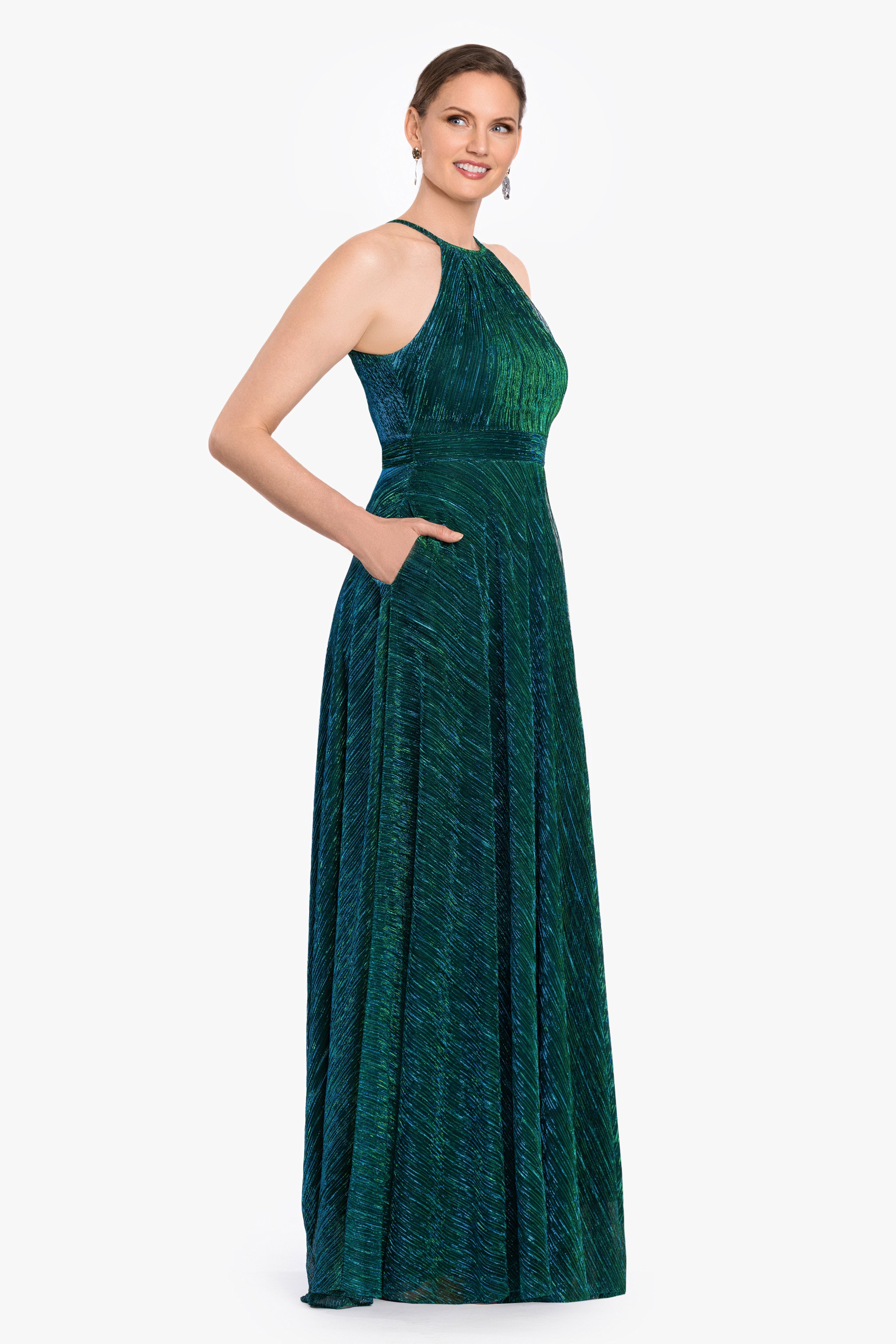 "Ophelia" Metallic Knit Pleated Long Dress