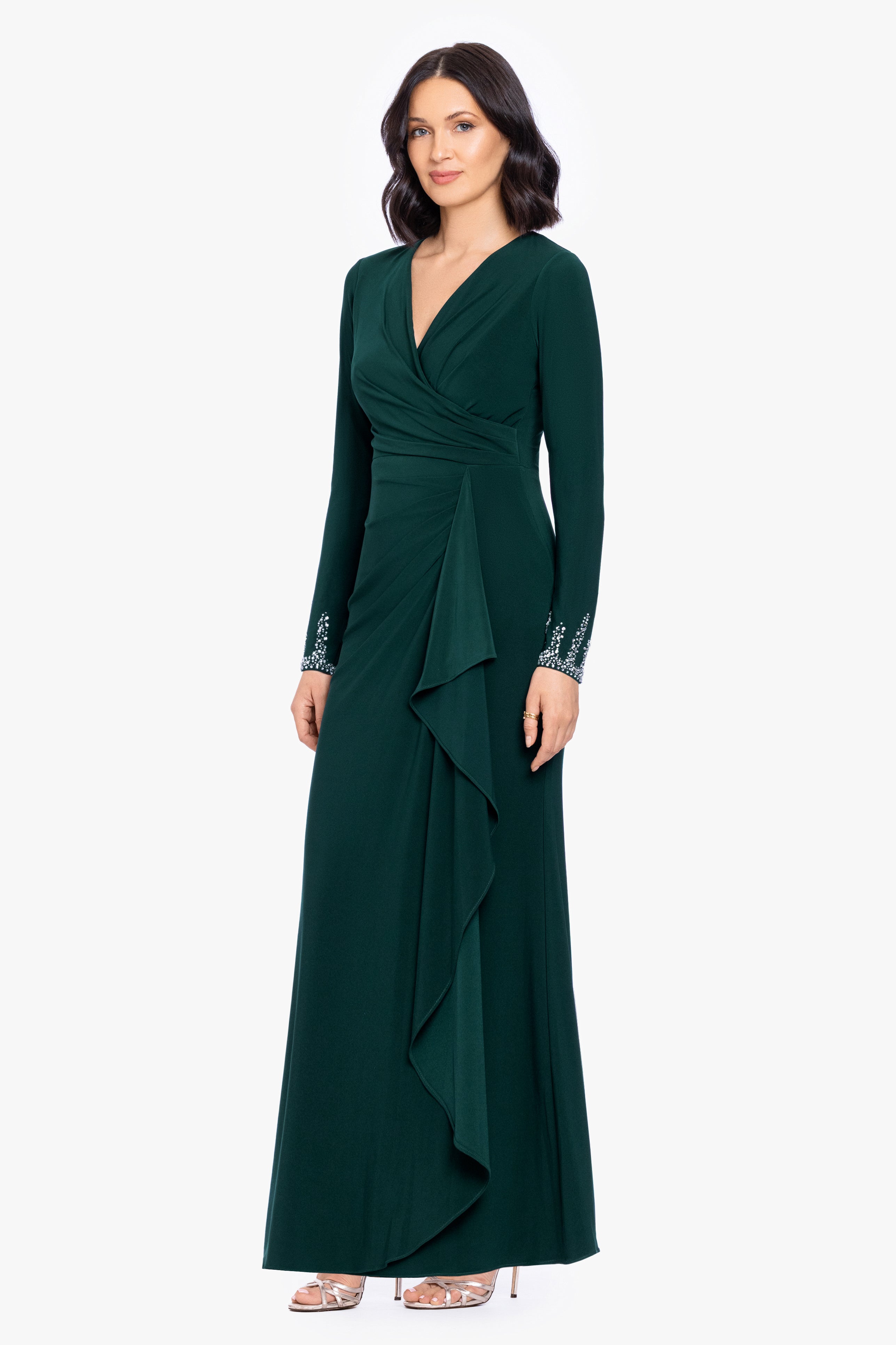 Petite "Lenora" Jersey Knit Beaded Long Sleeve V-Neck Dress