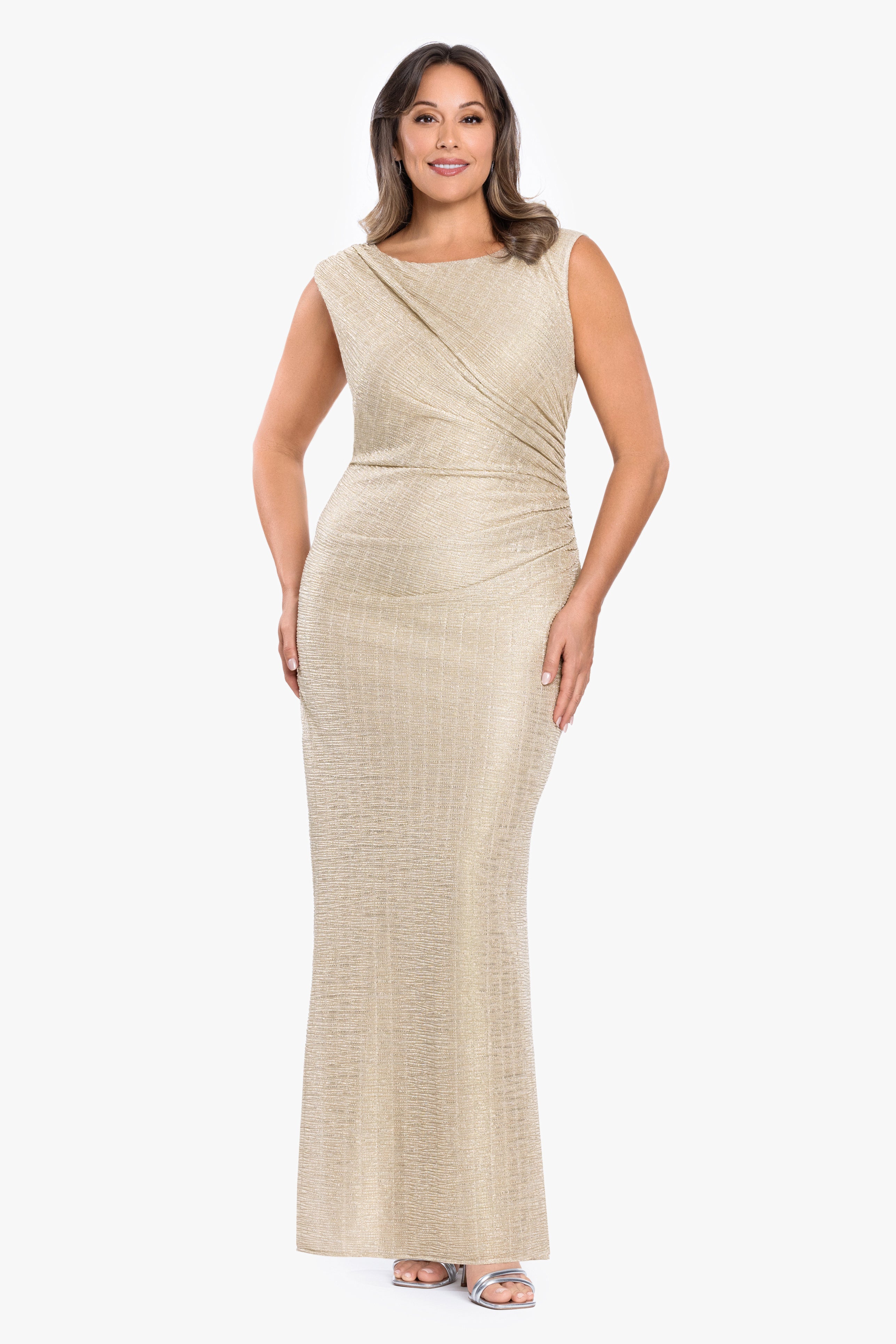 Plus "Katrina" Metallic Crinkle Rouched Slit Long Dress