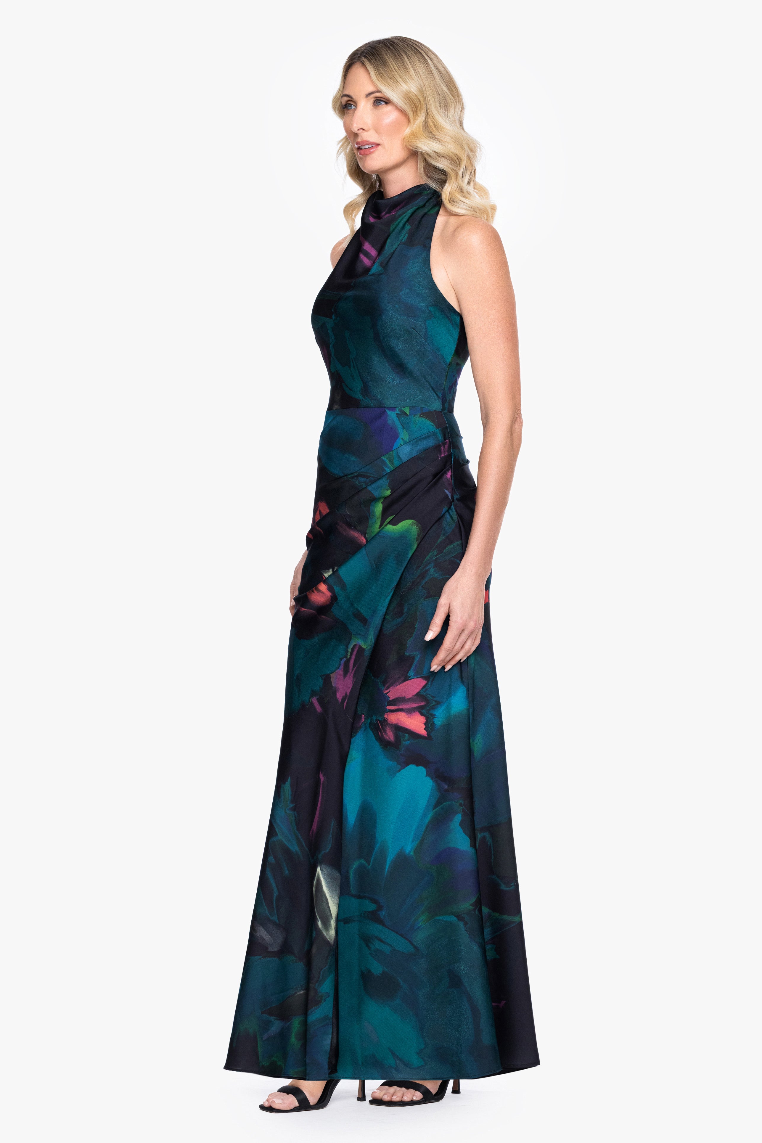Petite "River" Printed Charmeuse Halter Dress