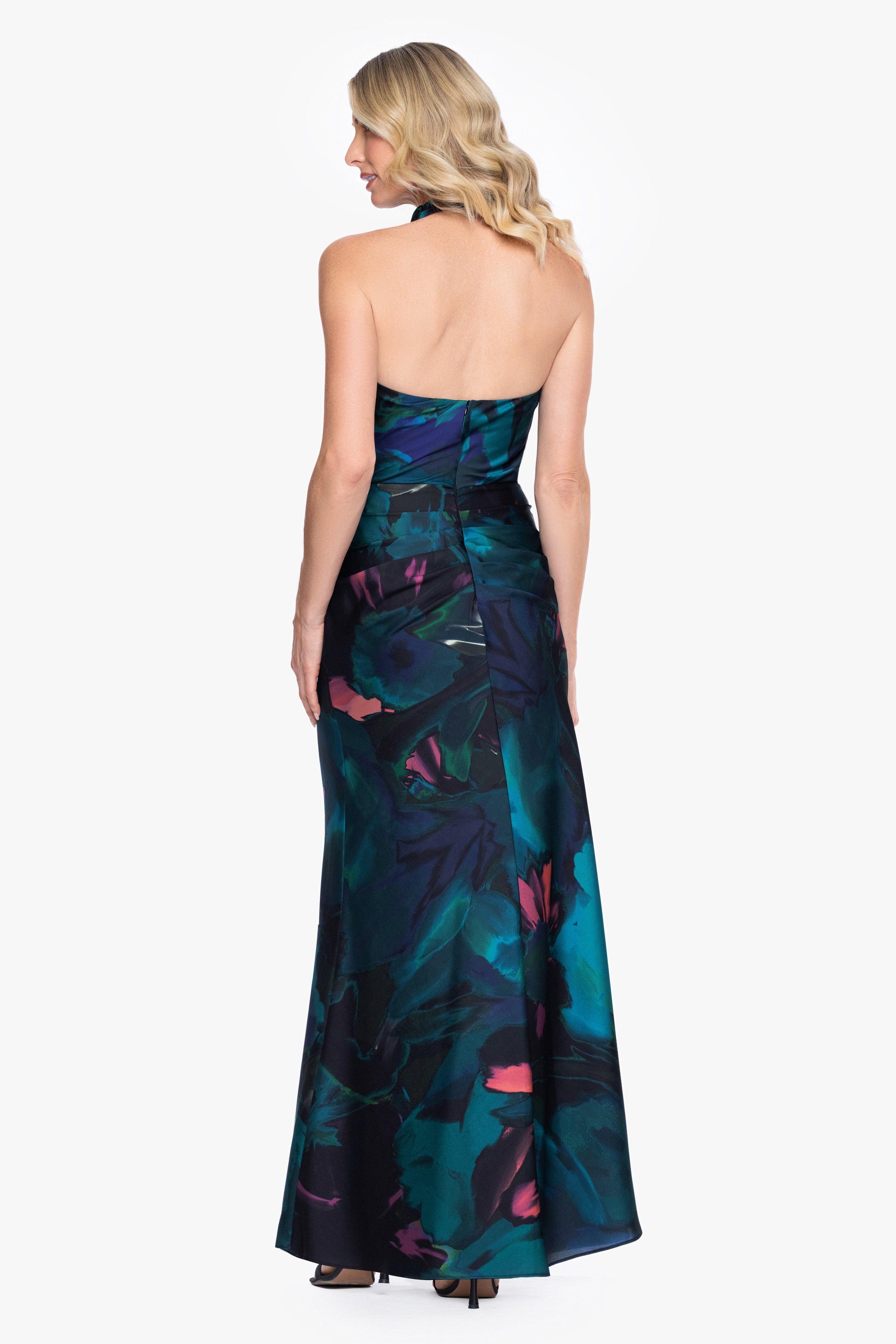 Petite "River" Printed Charmeuse Halter Dress