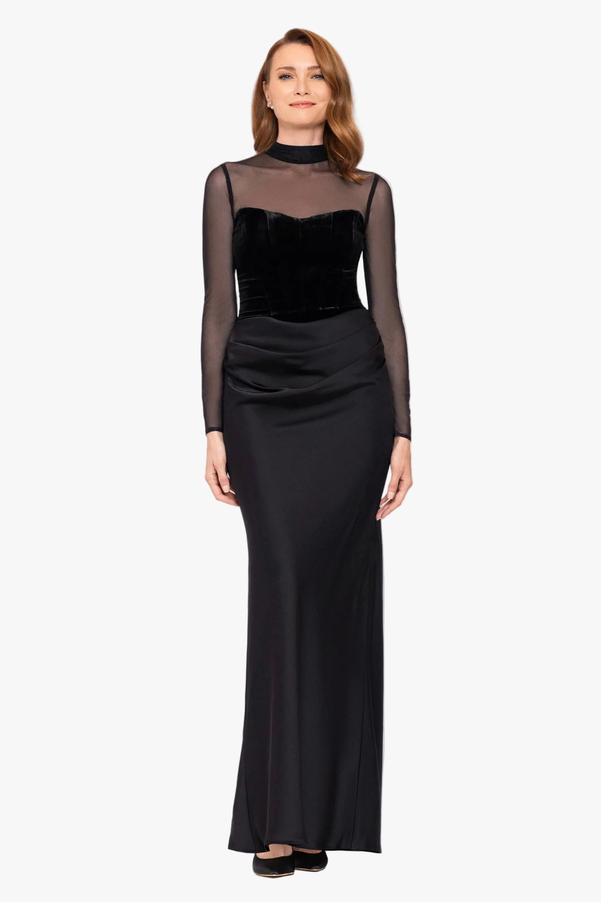 "Julia" Velvet Mock Neck & Satin Skirt Dress