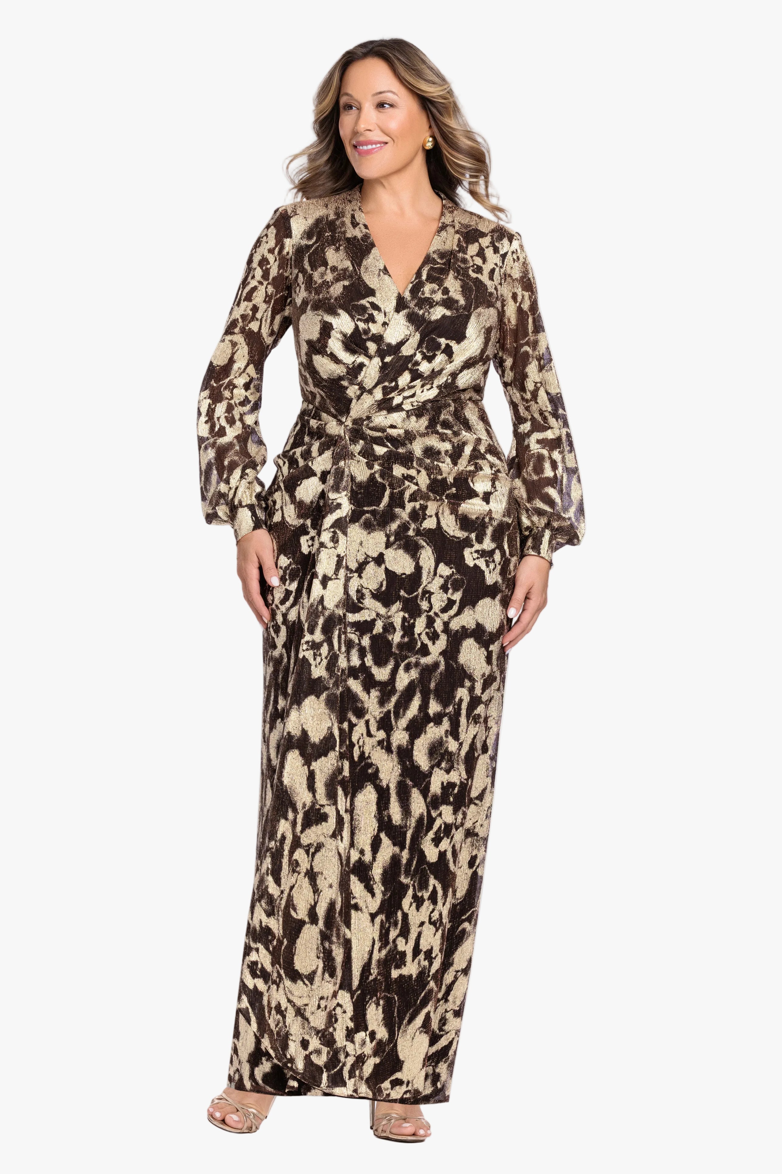 Plus "Bailey" Crinkle Metallic V-Neck Long Sleeve Dress