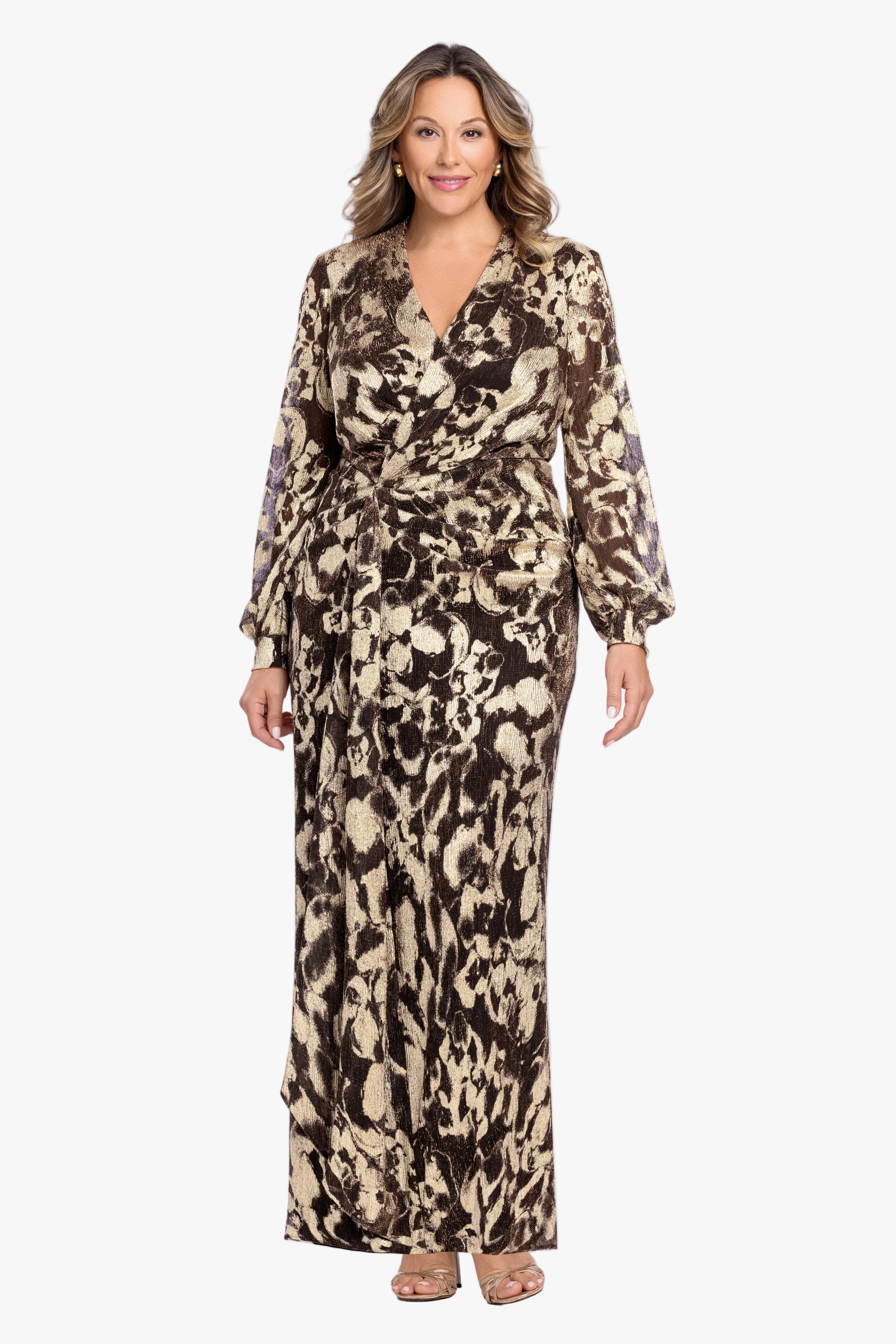 Plus "Bailey" Crinkle Metallic V-Neck Long Sleeve Dress