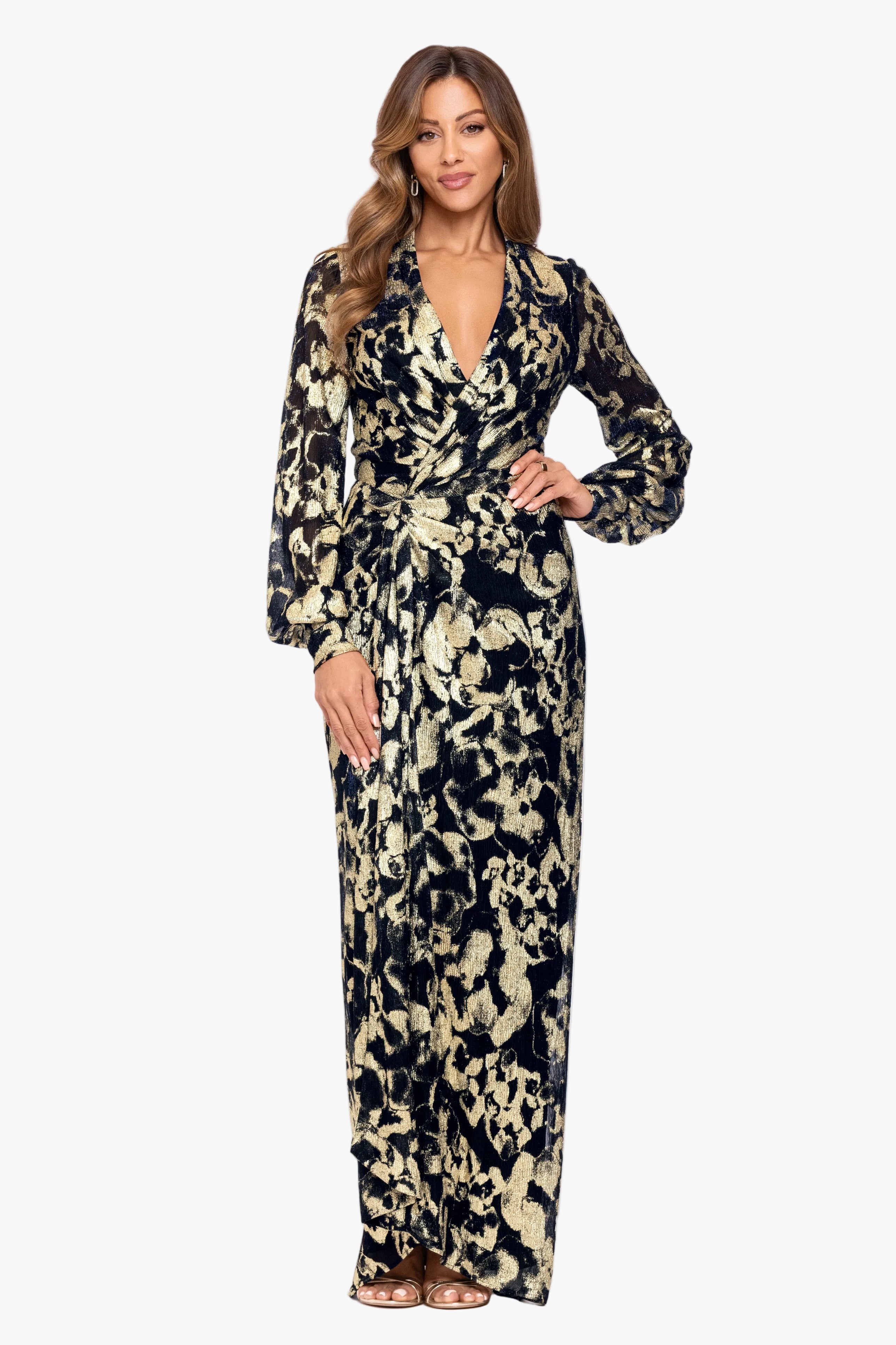 "Bailey" Crinkle Metallic V-Neck Long Sleeve Dress