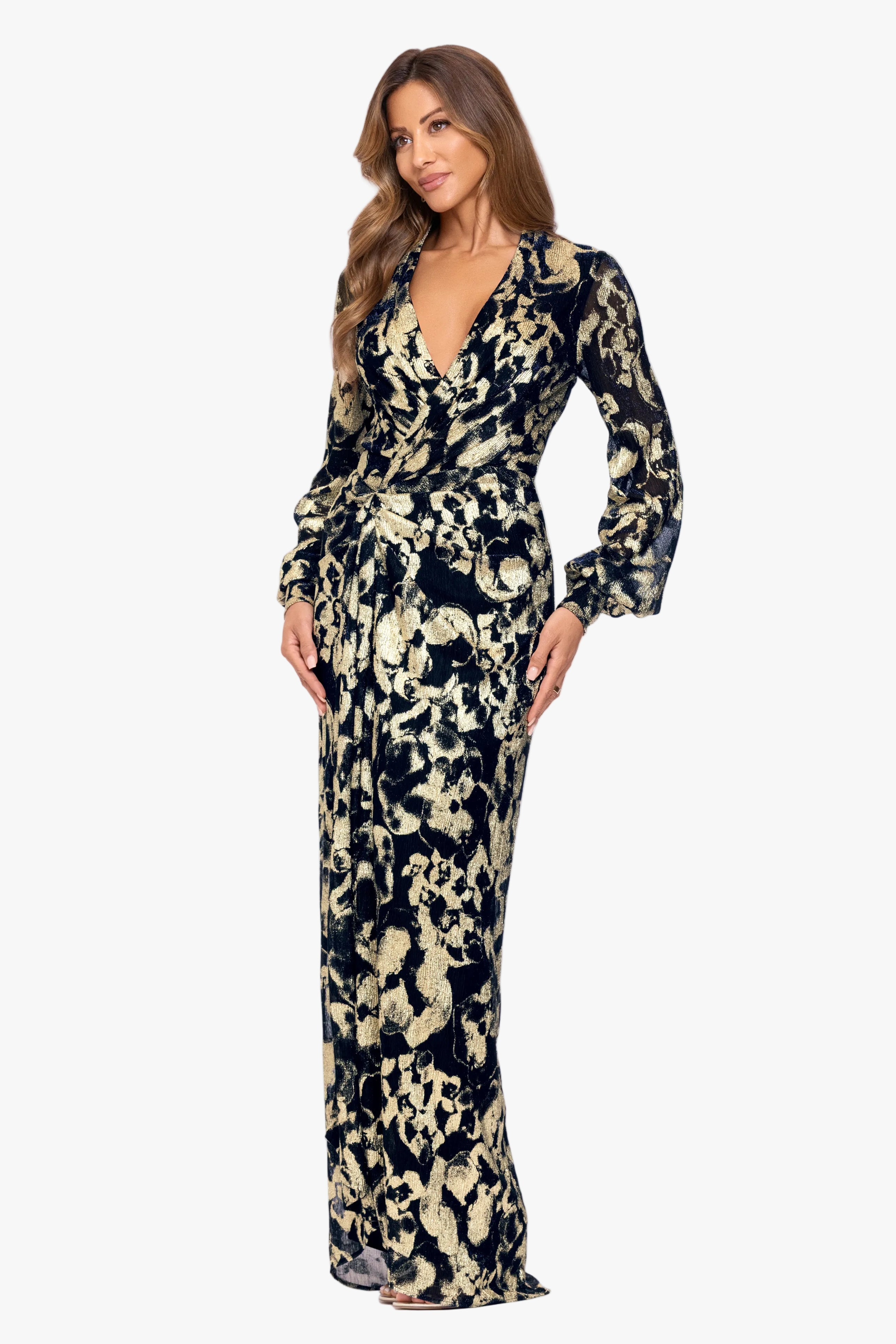 "Bailey" Crinkle Metallic V-Neck Long Sleeve Dress