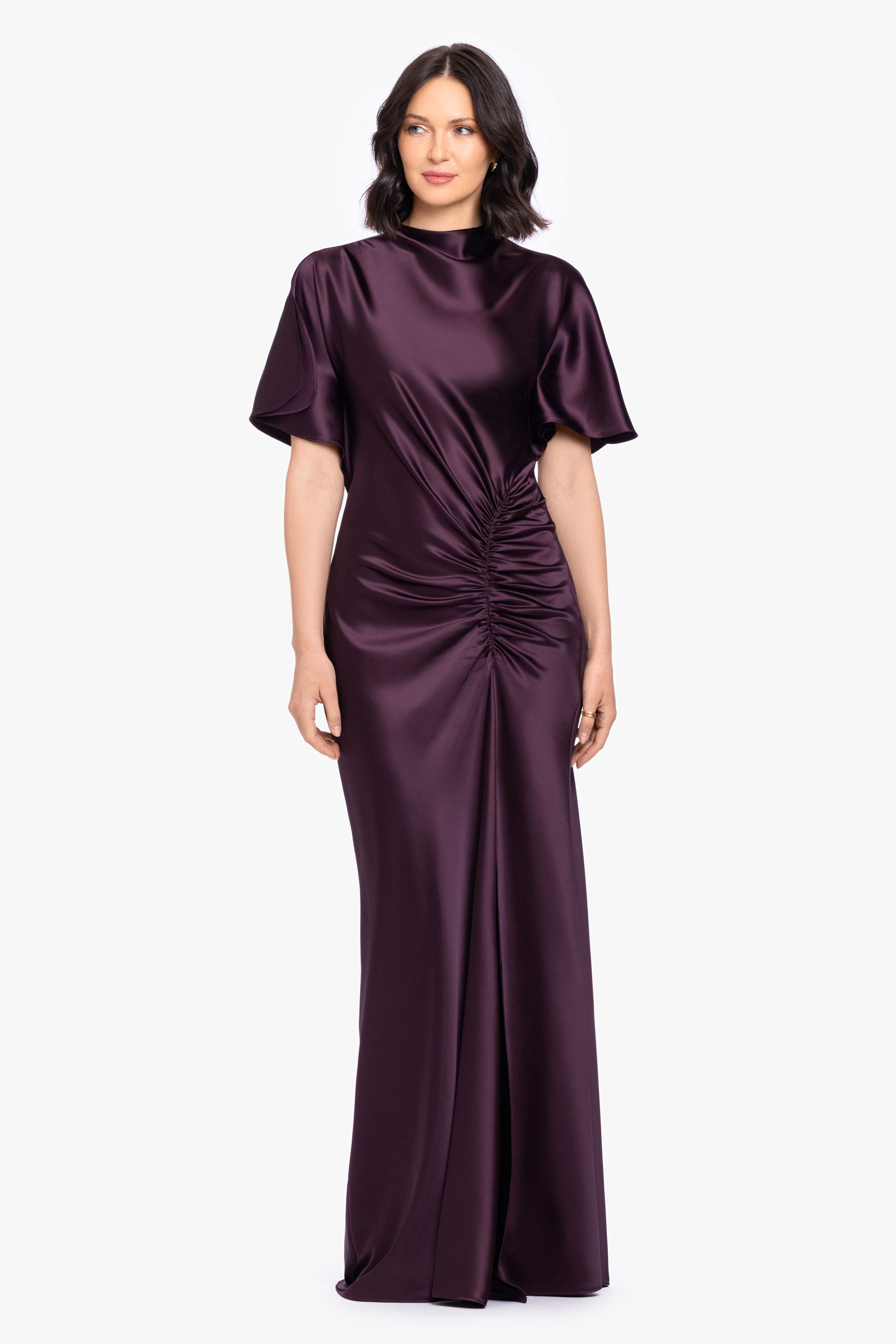 "Heidi" Long Ruched Satin Short Sleeve Dress