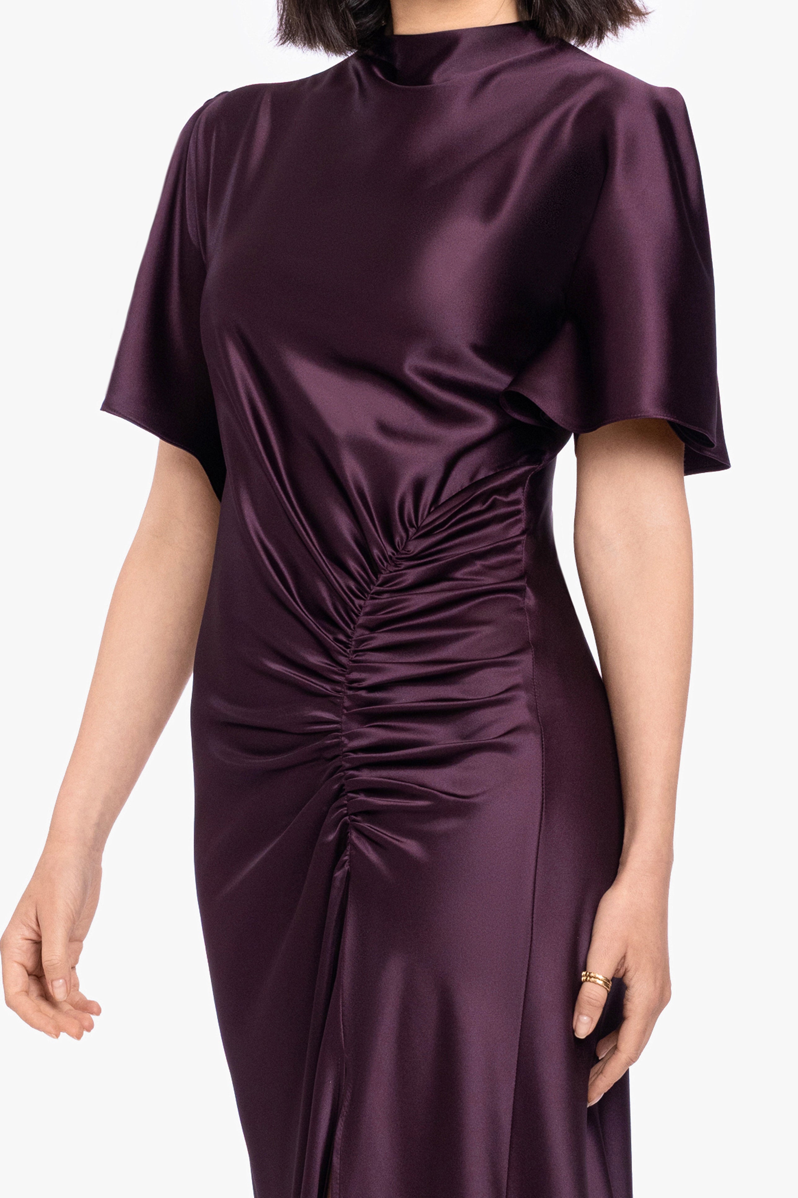 "Heidi" Long Ruched Satin Short Sleeve Dress
