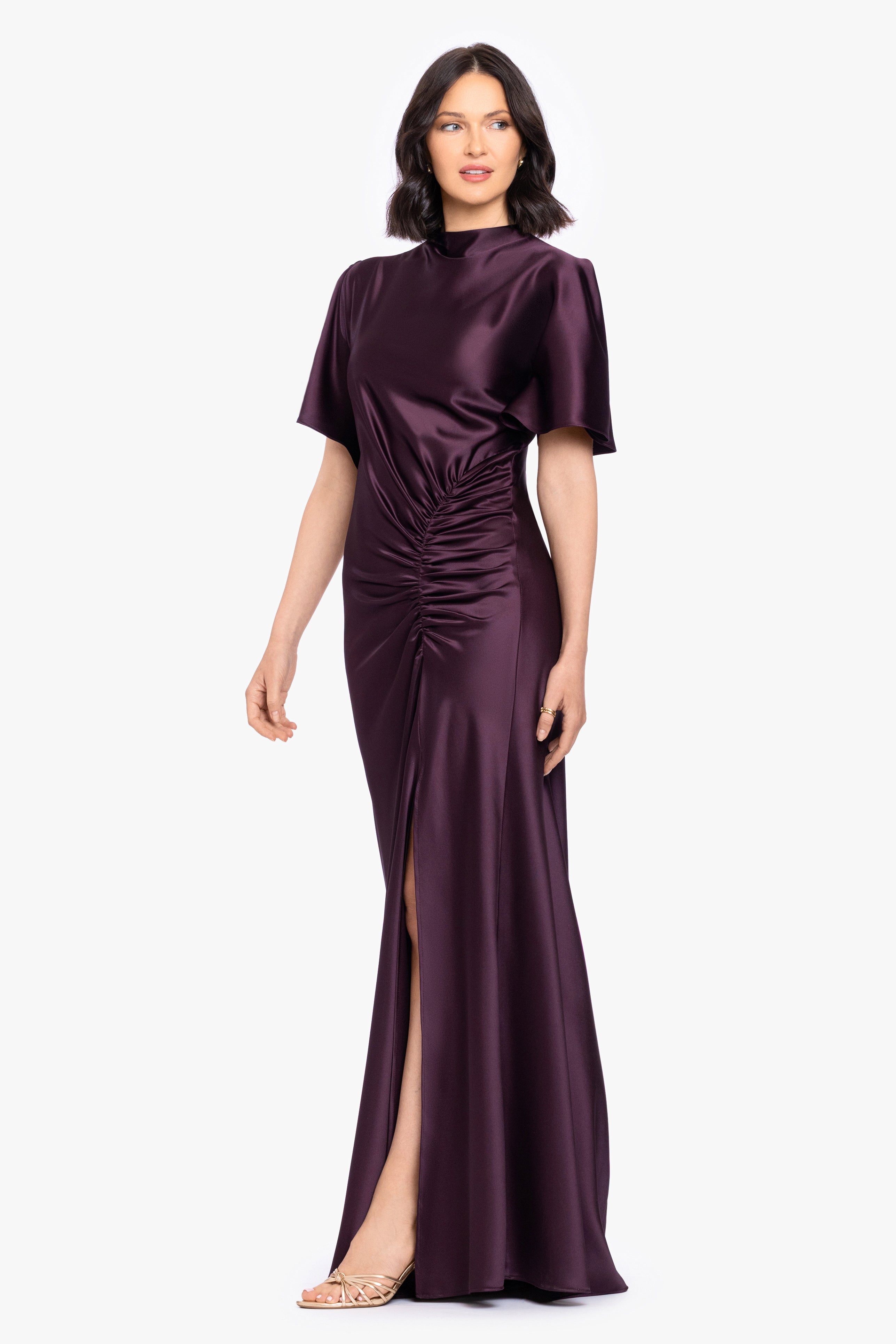 "Heidi" Long Ruched Satin Short Sleeve Dress