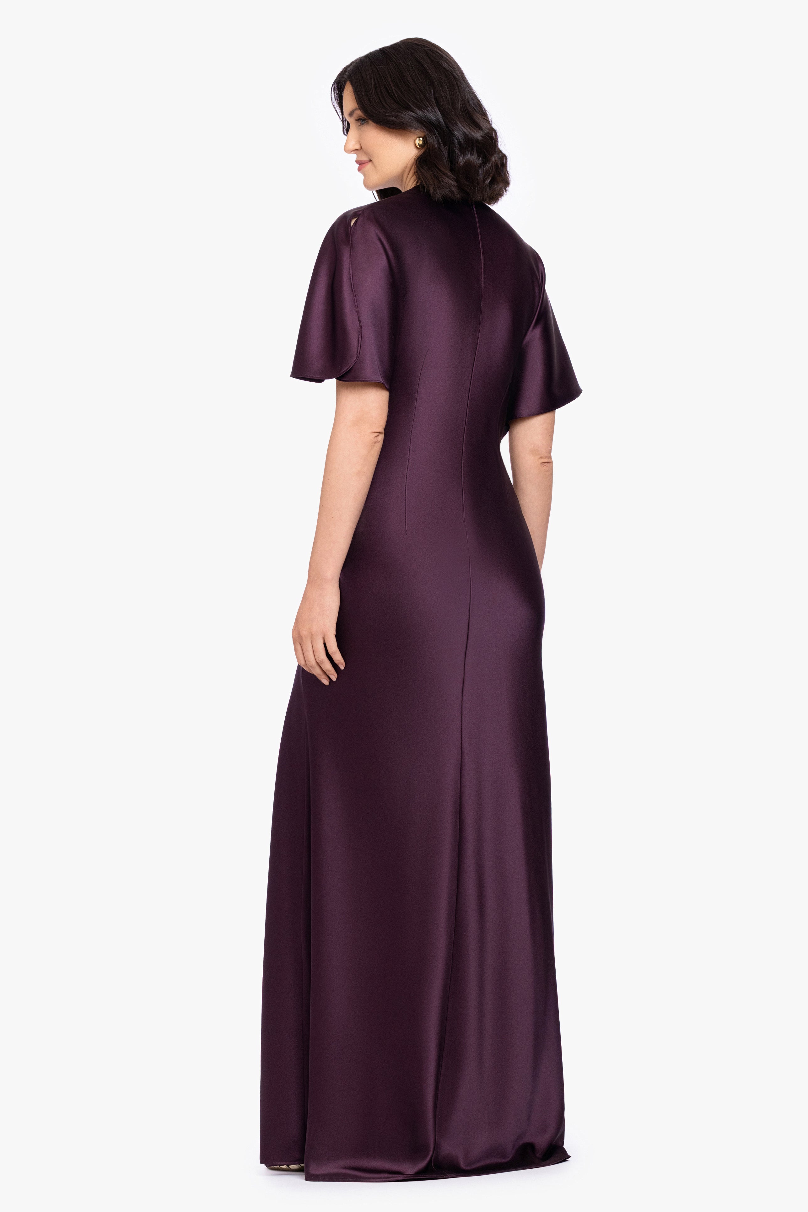 "Heidi" Long Ruched Satin Short Sleeve Dress