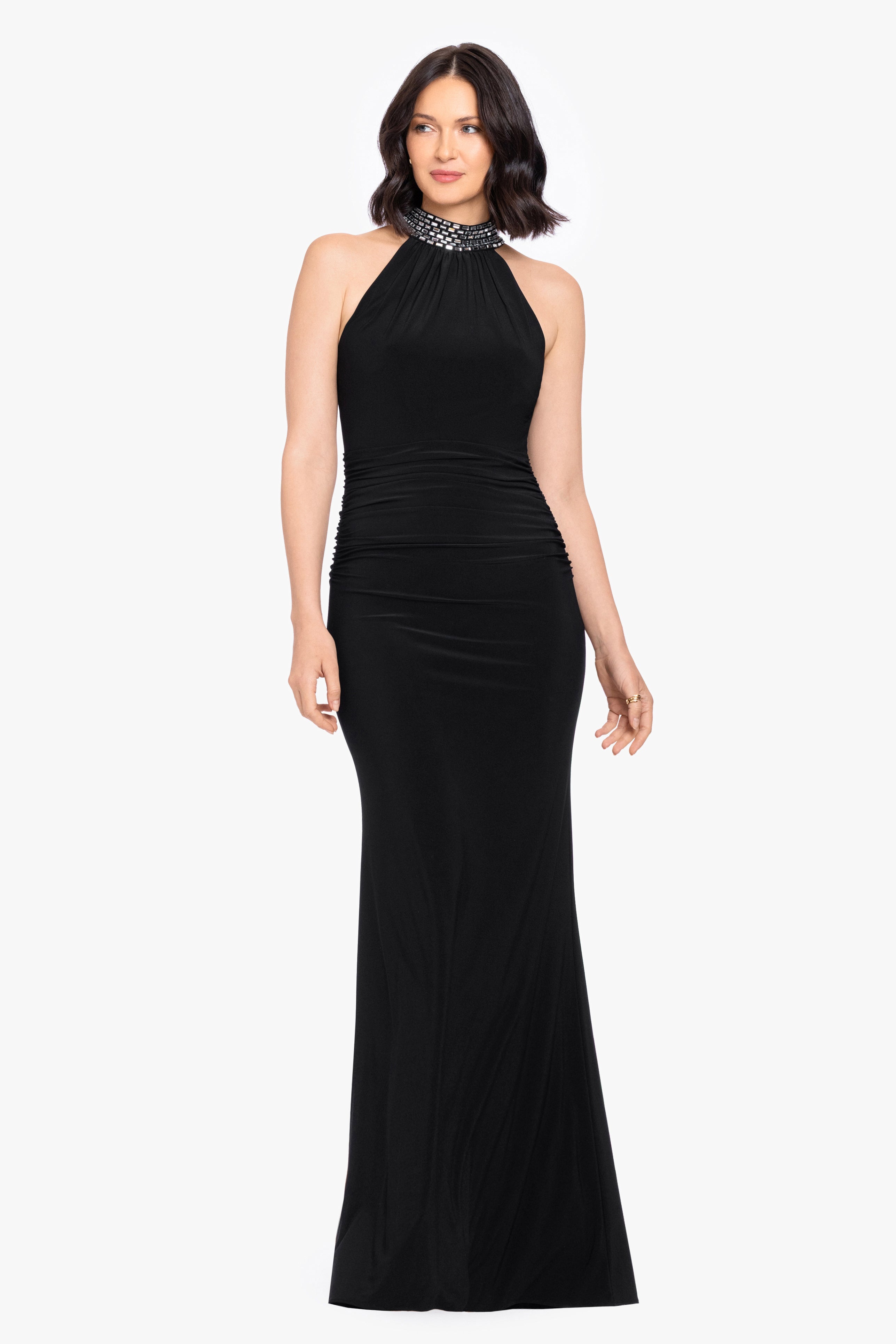 Petite "Suki" Jersey Knit Mock Neck Beaded Dress