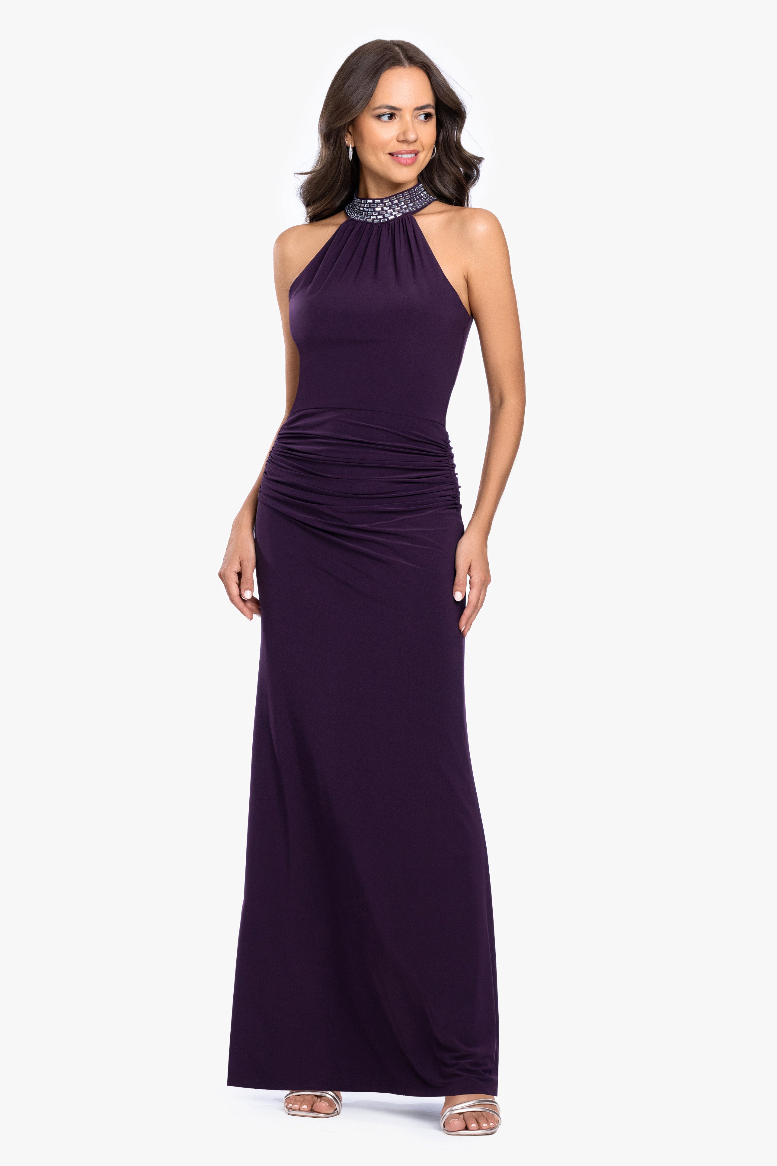 "Suki" Jersey Knit Mock Neck Beaded Dress