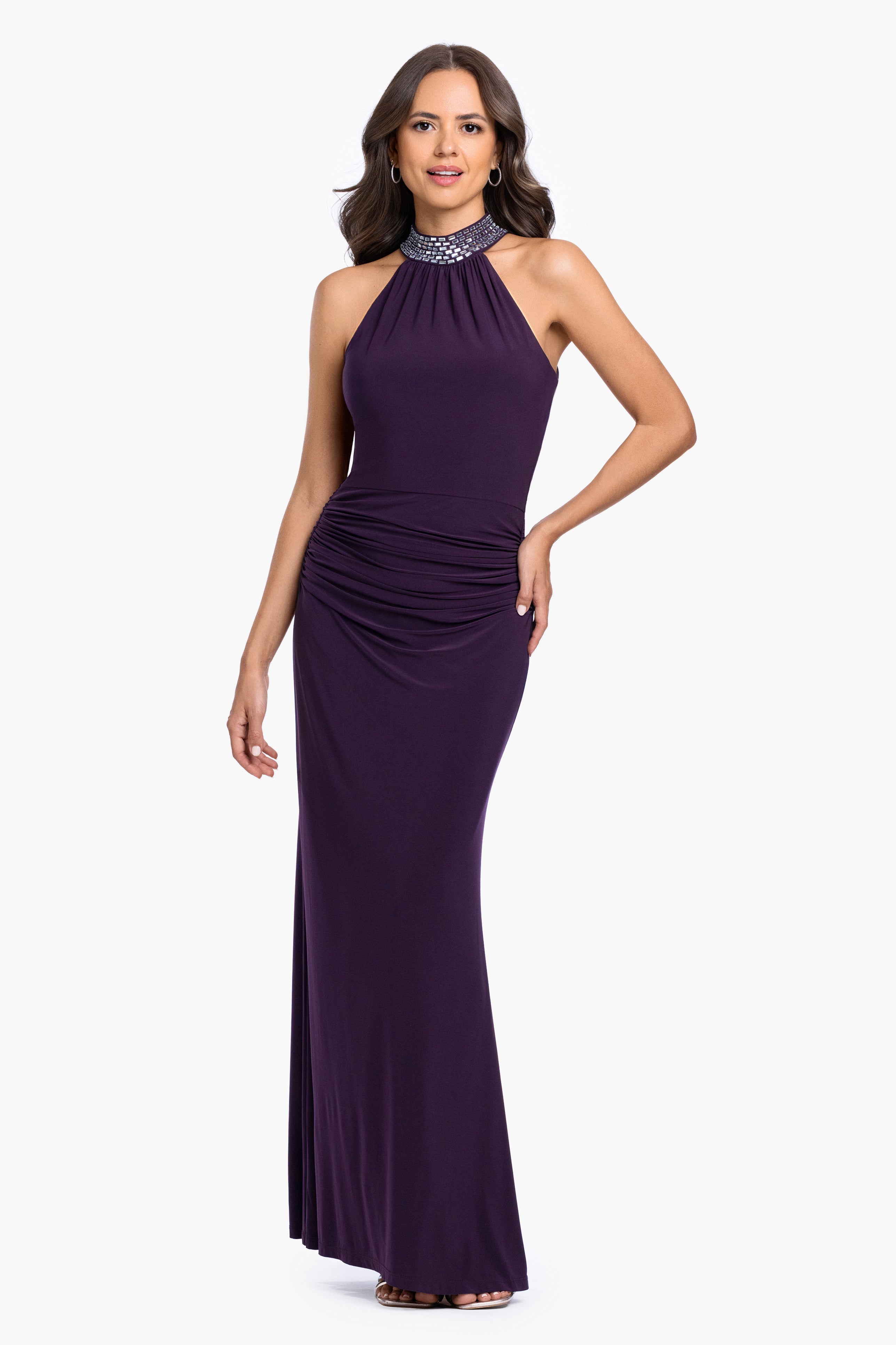 "Suki" Jersey Knit Mock Neck Beaded Dress