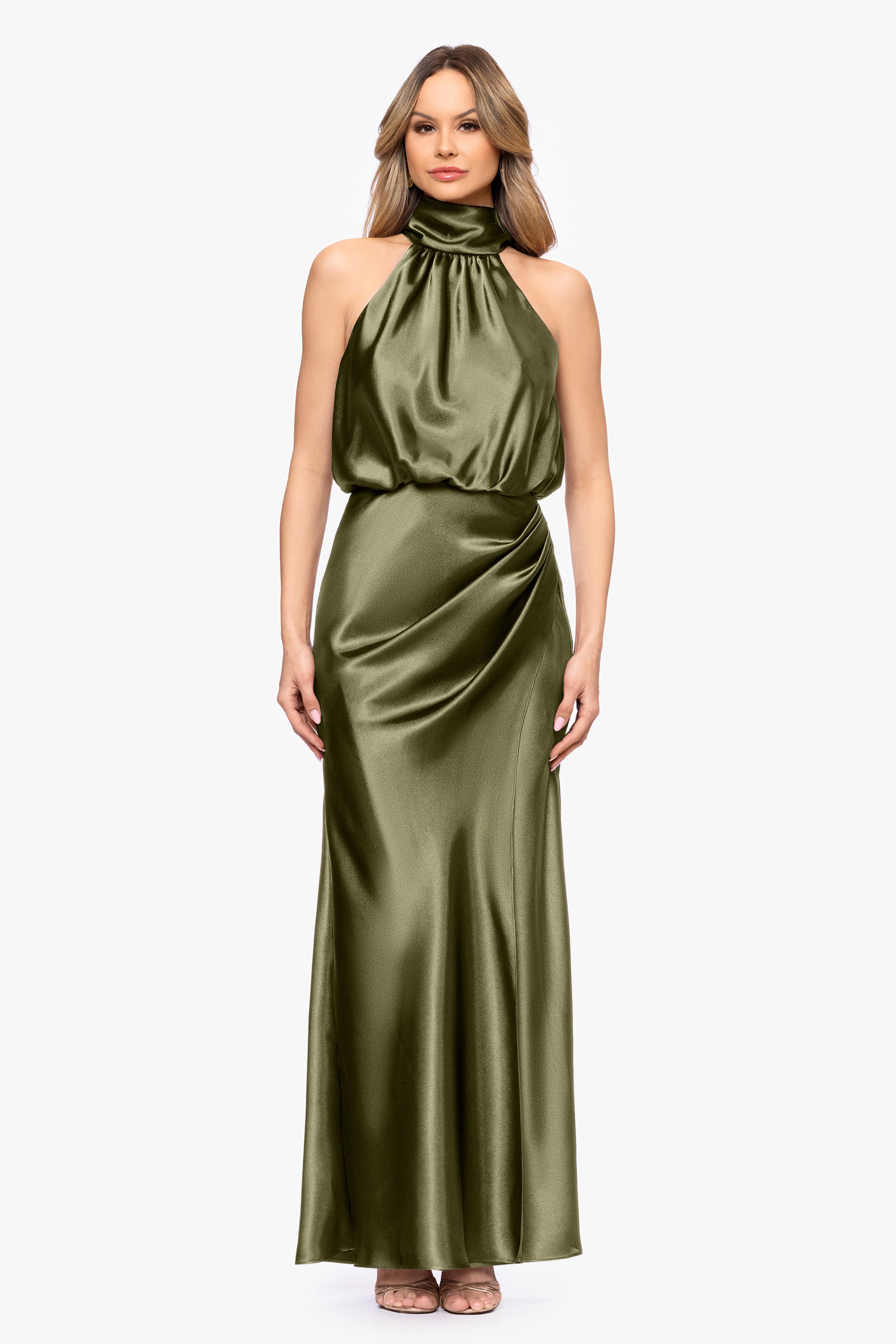 "Tara" Satin Tie Neck Floor Length Dress