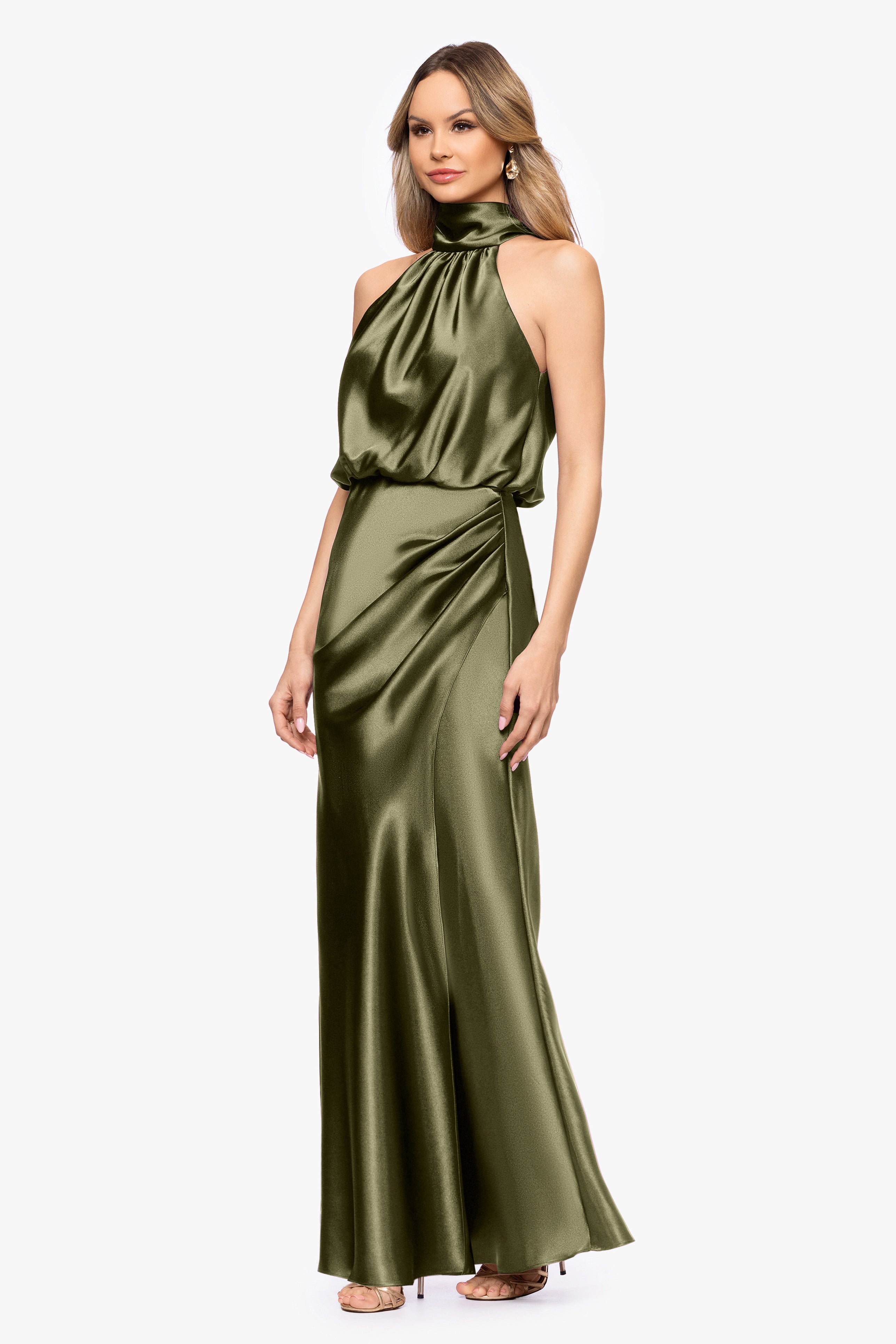 "Tara" Satin Tie Neck Floor Length Dress