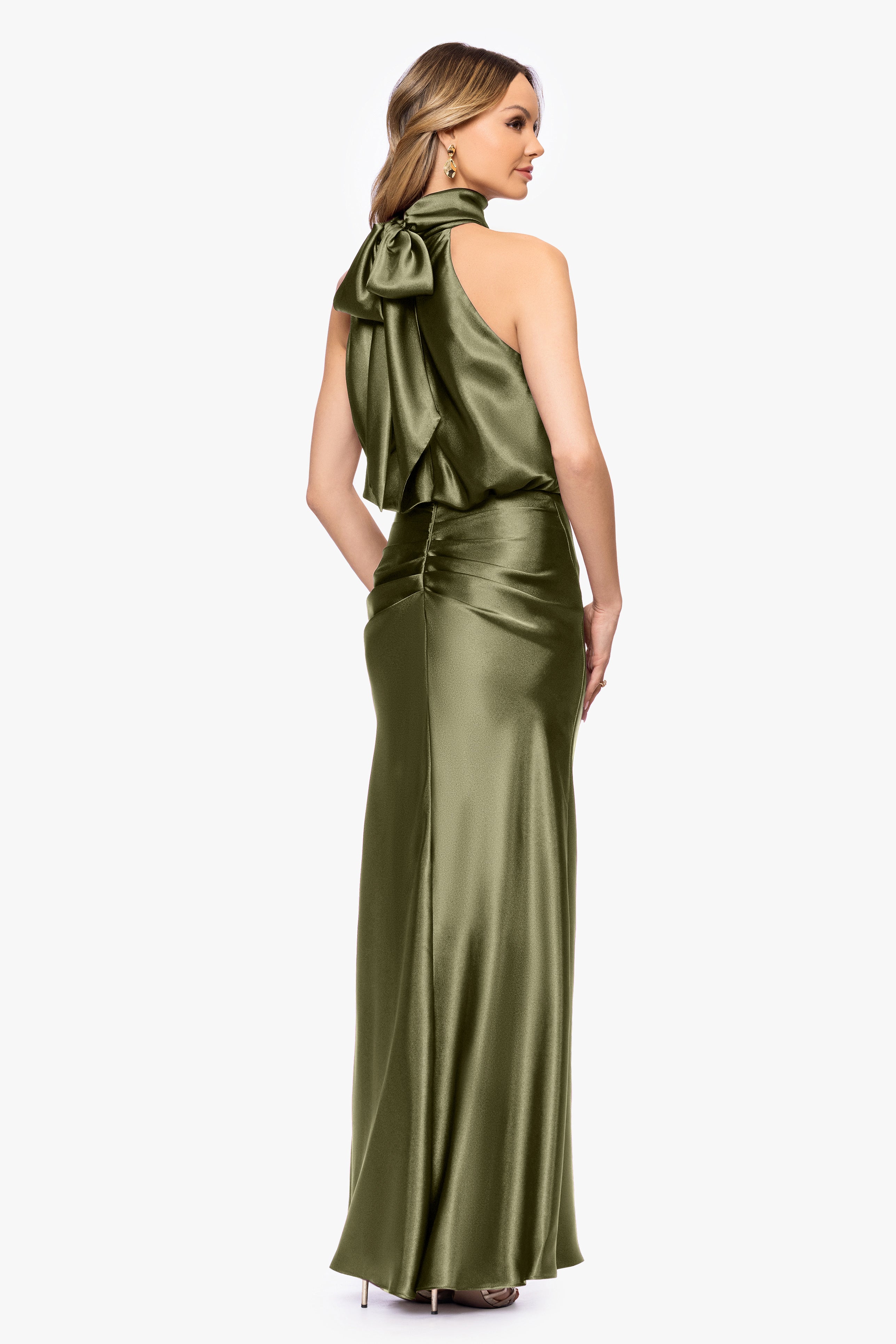 "Tara" Satin Tie Neck Floor Length Dress