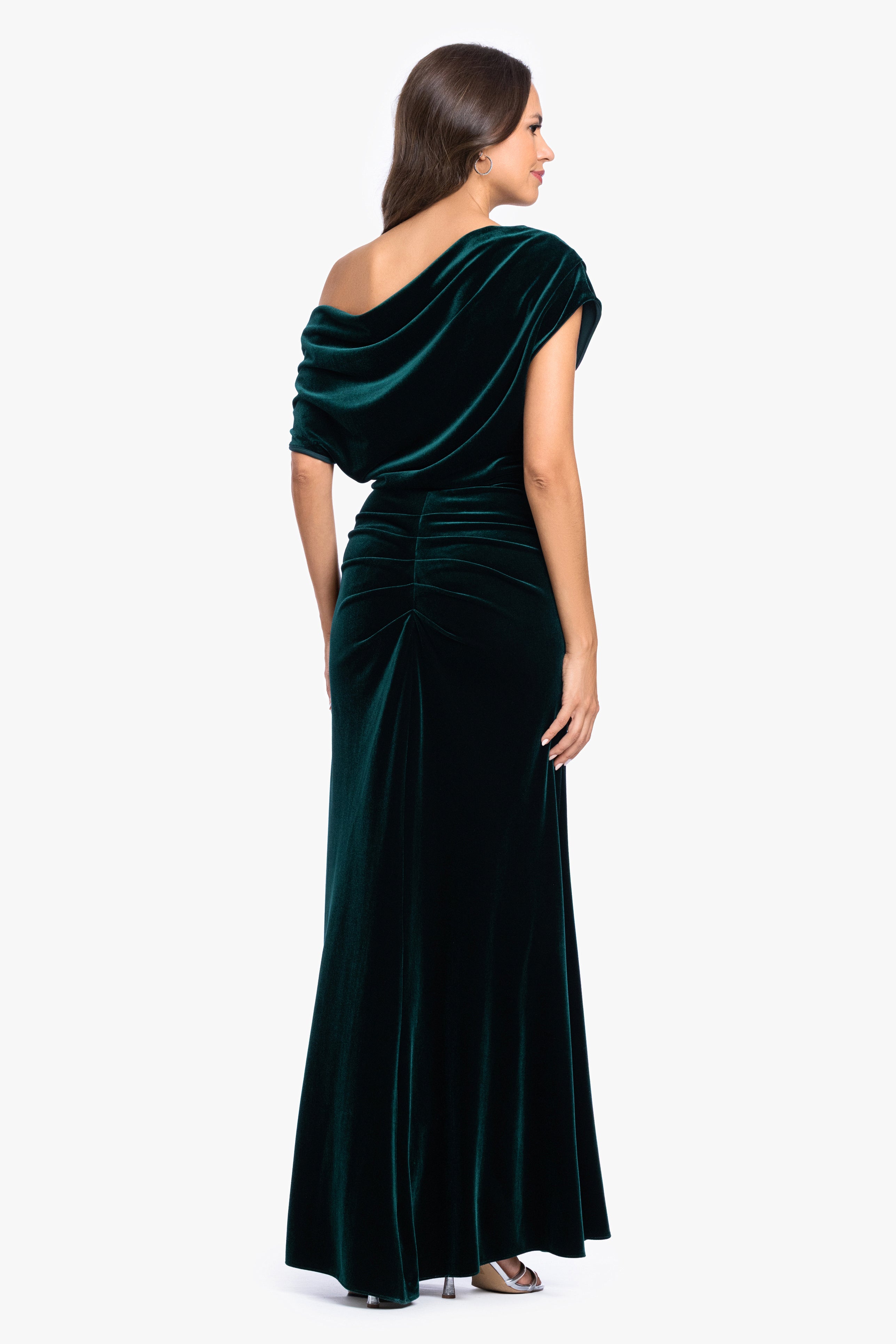 Hunter Evie Velvet Off the Shoulder Asymmetrical Dress, back view