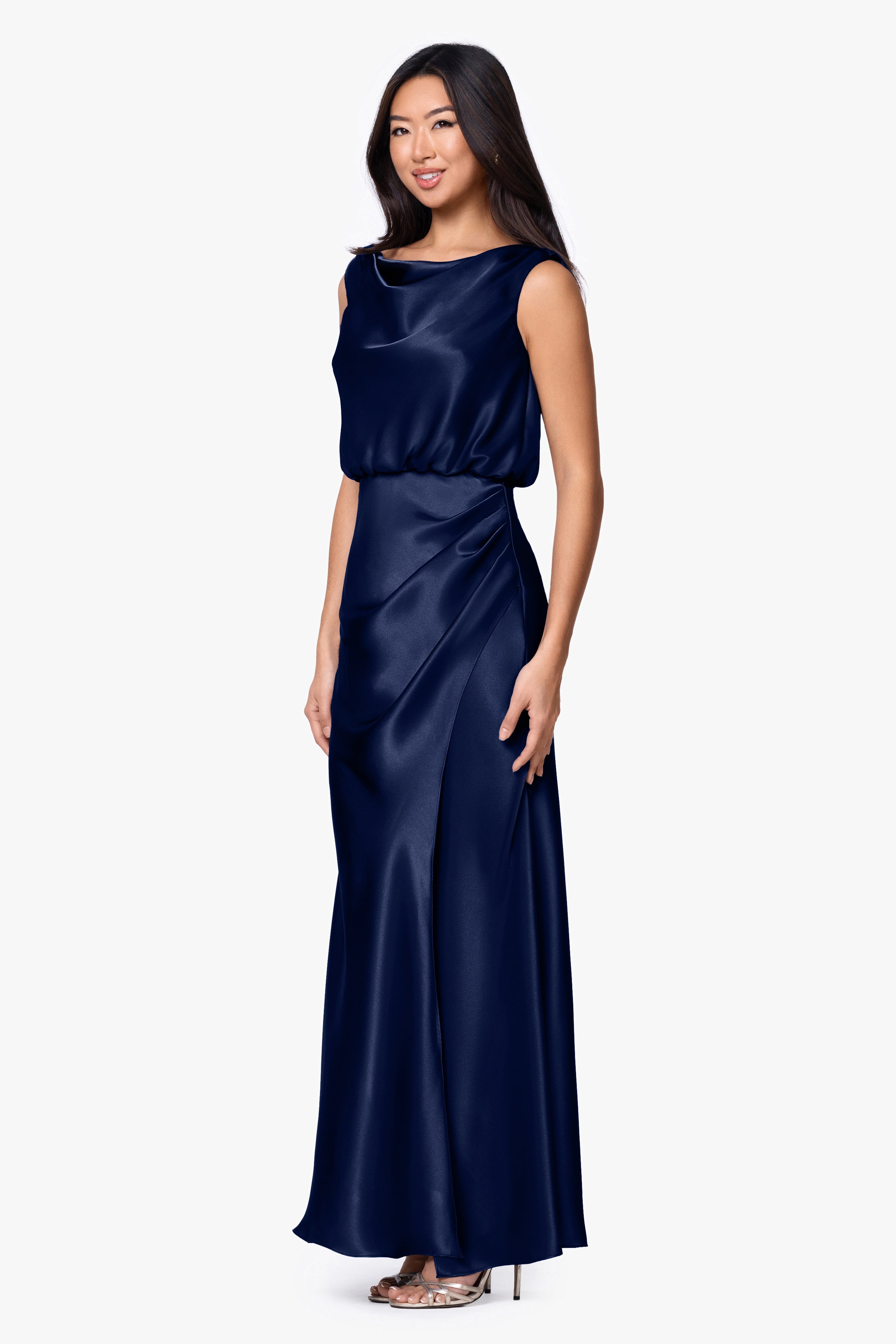 "Aria" Satin Droop Back Ruched Dress