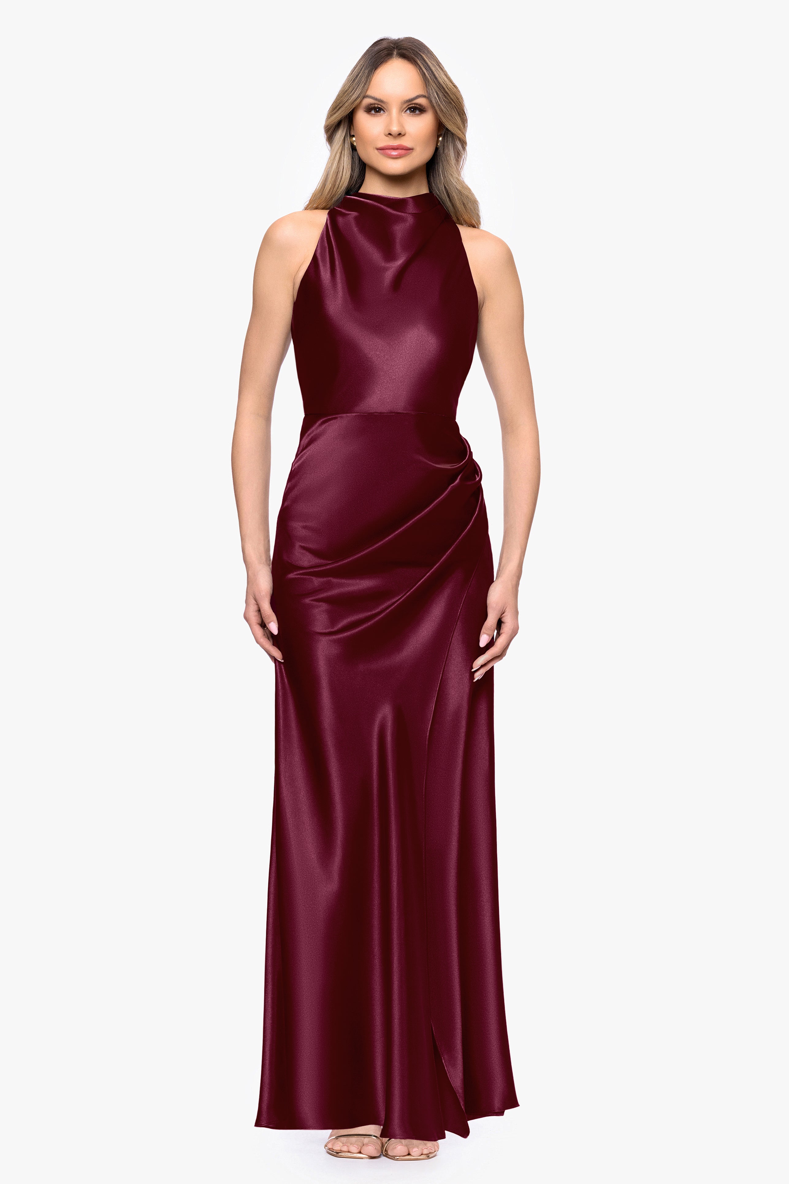 Petite "Tatum" Satin Cowl Mock Neck Dress