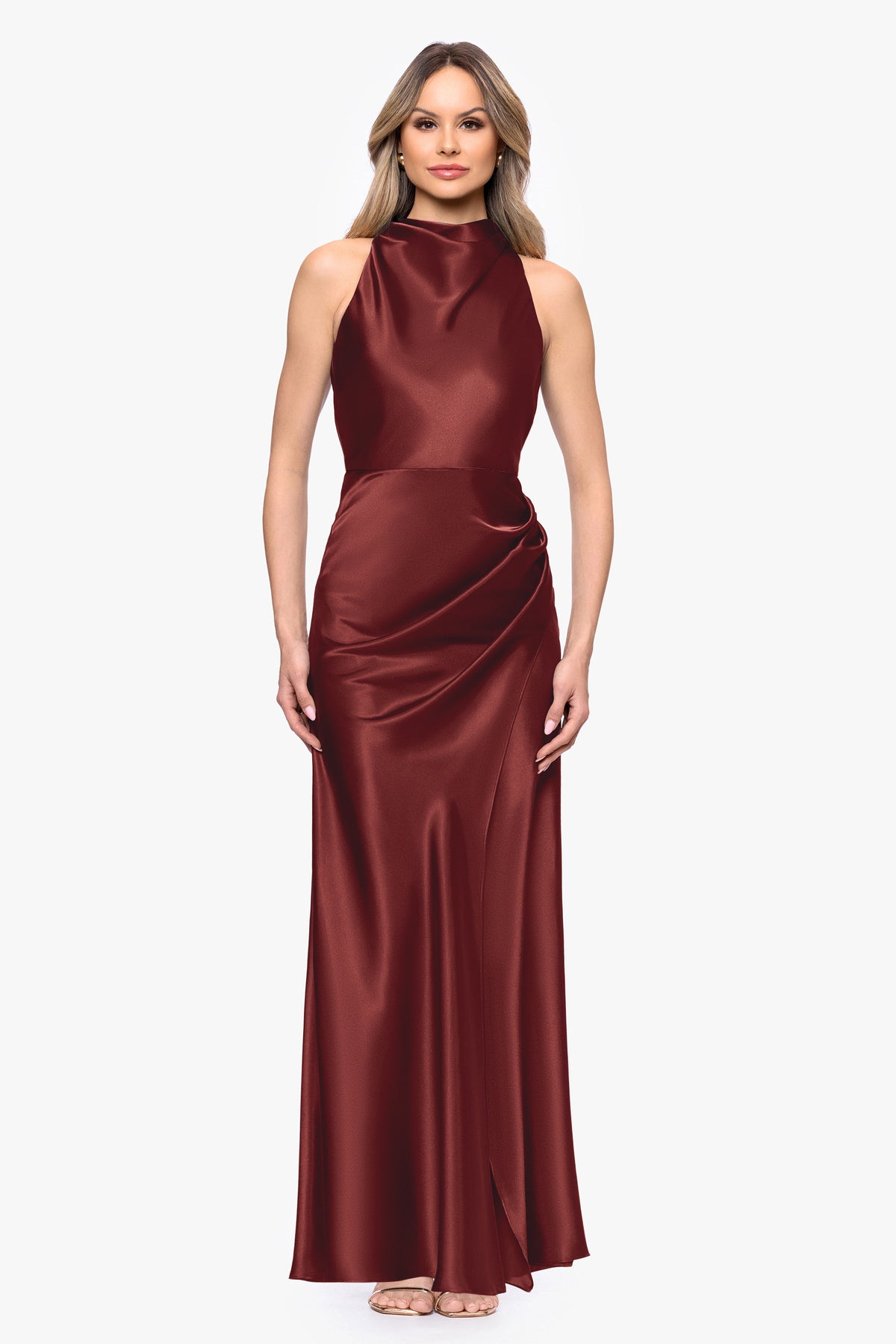 "Tatum" Satin Cowl Mock Neck Dress