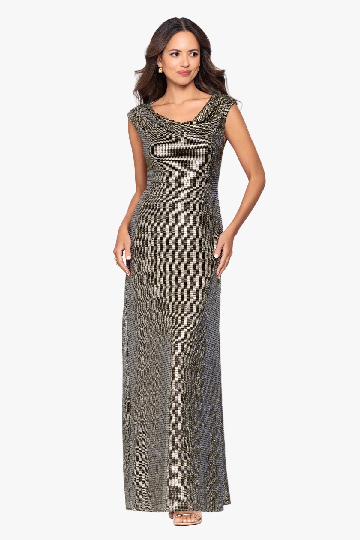 "Deanna" Metallic Cowl Neck Dress