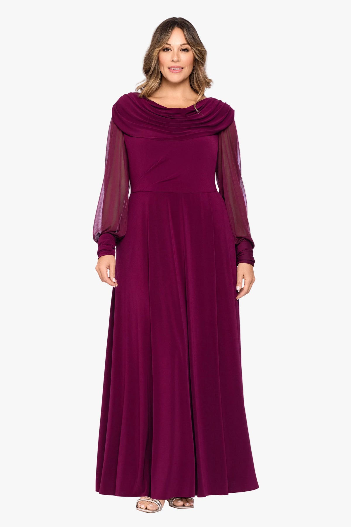 Plus "Janie" Sheer Matte Jersey Knit Long Sleeve Dress