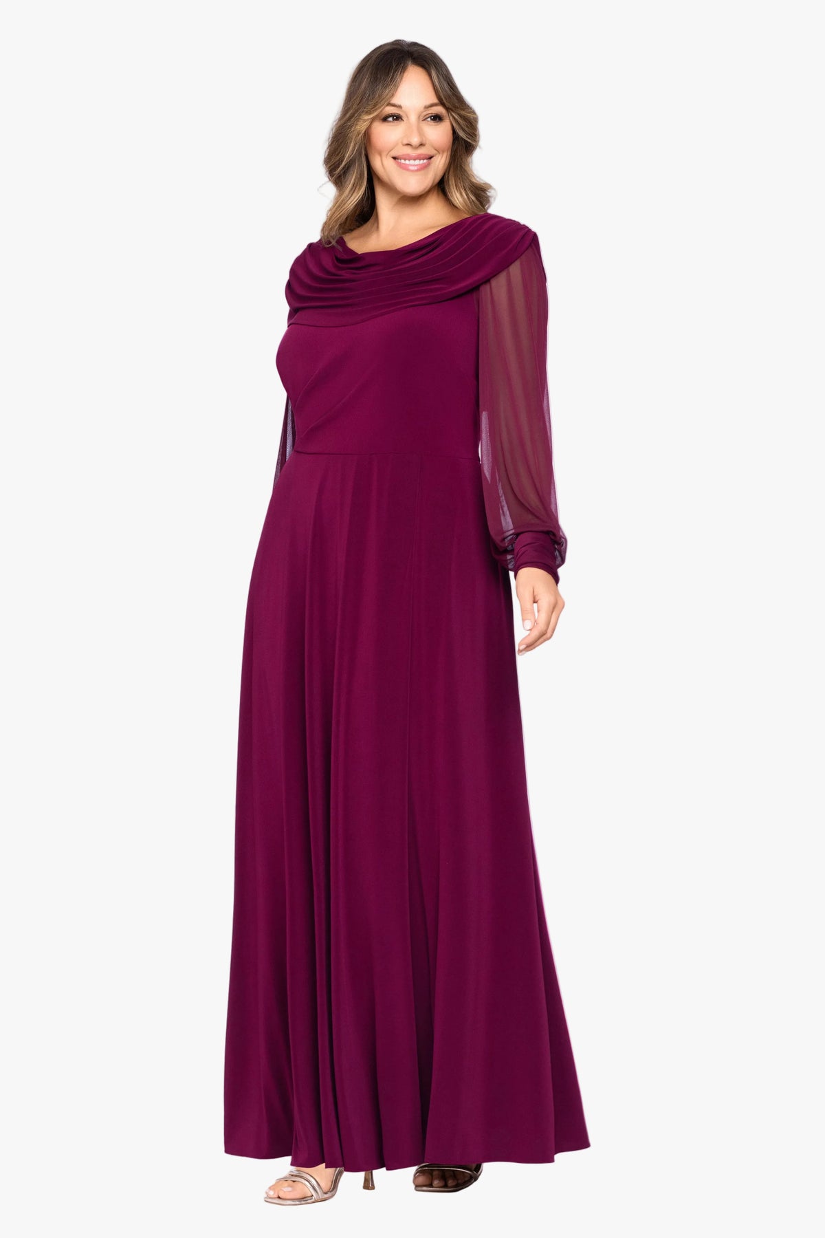 Plus "Janie" Sheer Matte Jersey Knit Long Sleeve Dress