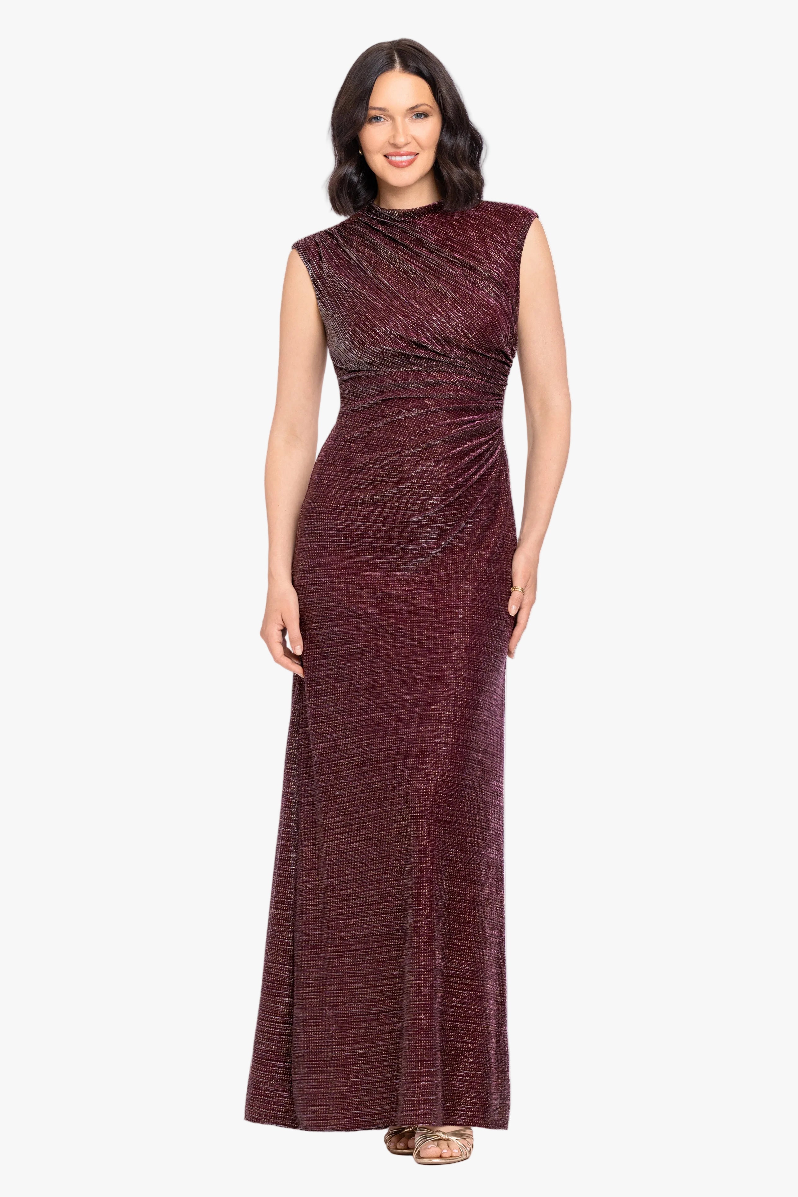 Nicole glitter crinkle mock neck dress in wine/gold, front view.