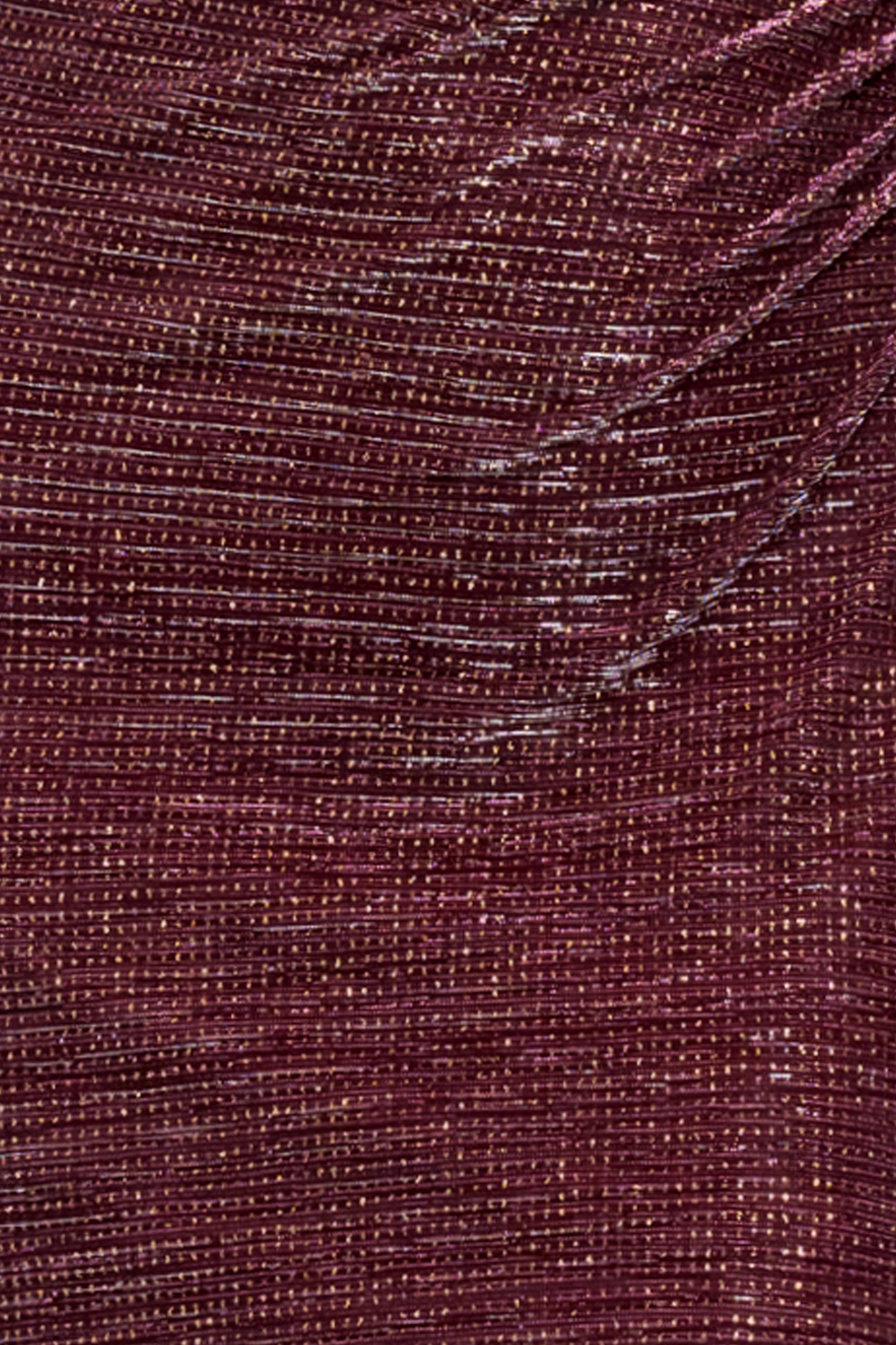 Close-up of the glitter crinkle fabric on the Nicole glitter crinkle mock neck dress in wine/gold.