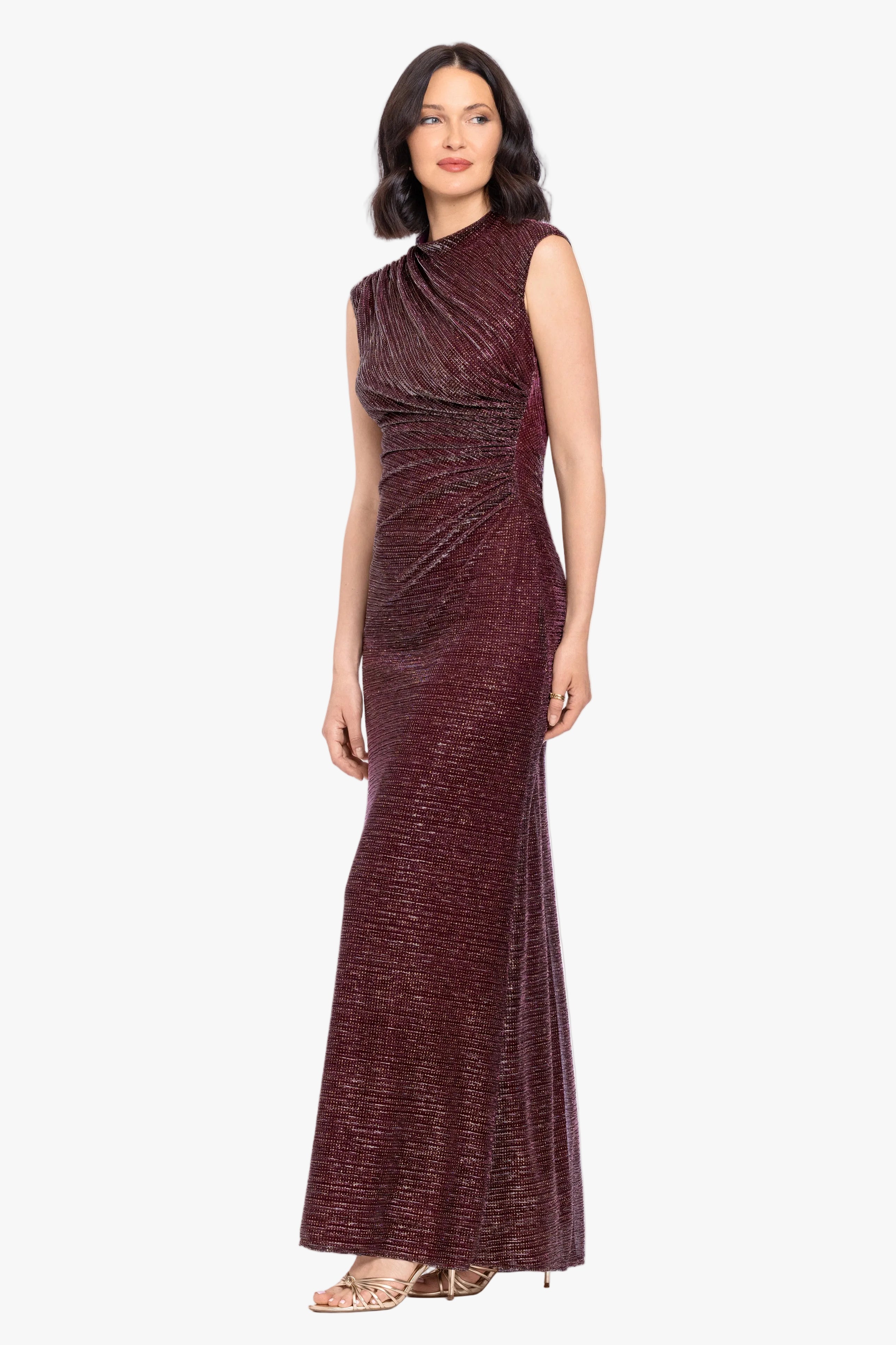 Nicole glitter crinkle mock neck dress in gold, three-quarter view.