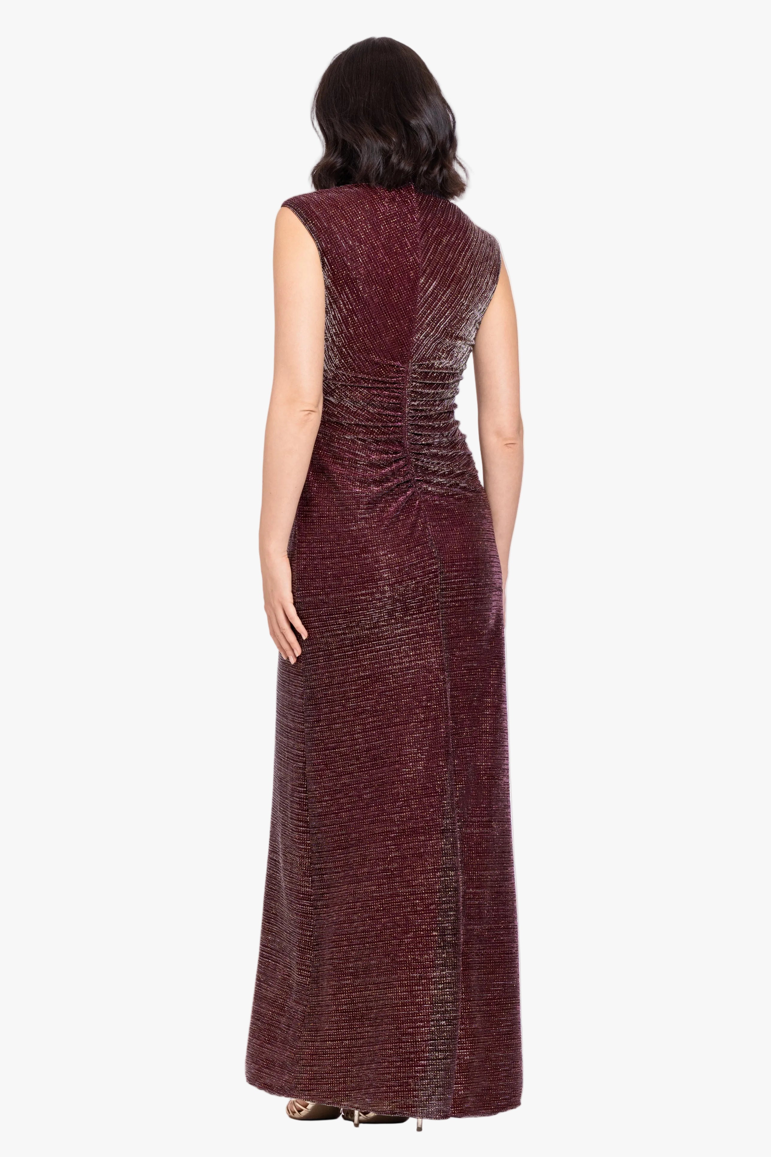Petite Nicole glitter crinkle mock neck dress in wine/gold, back view.