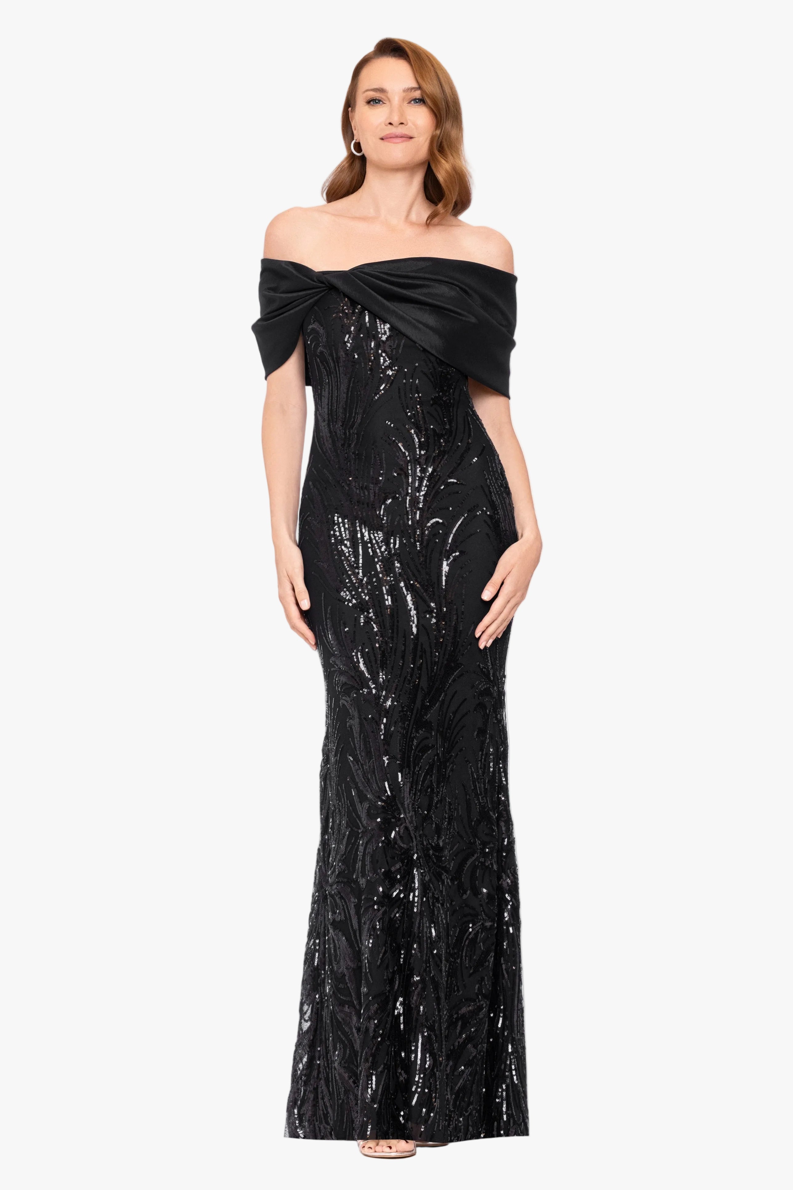 "Breezy" Sequin Off Shoulder Taffeta Twist Dress