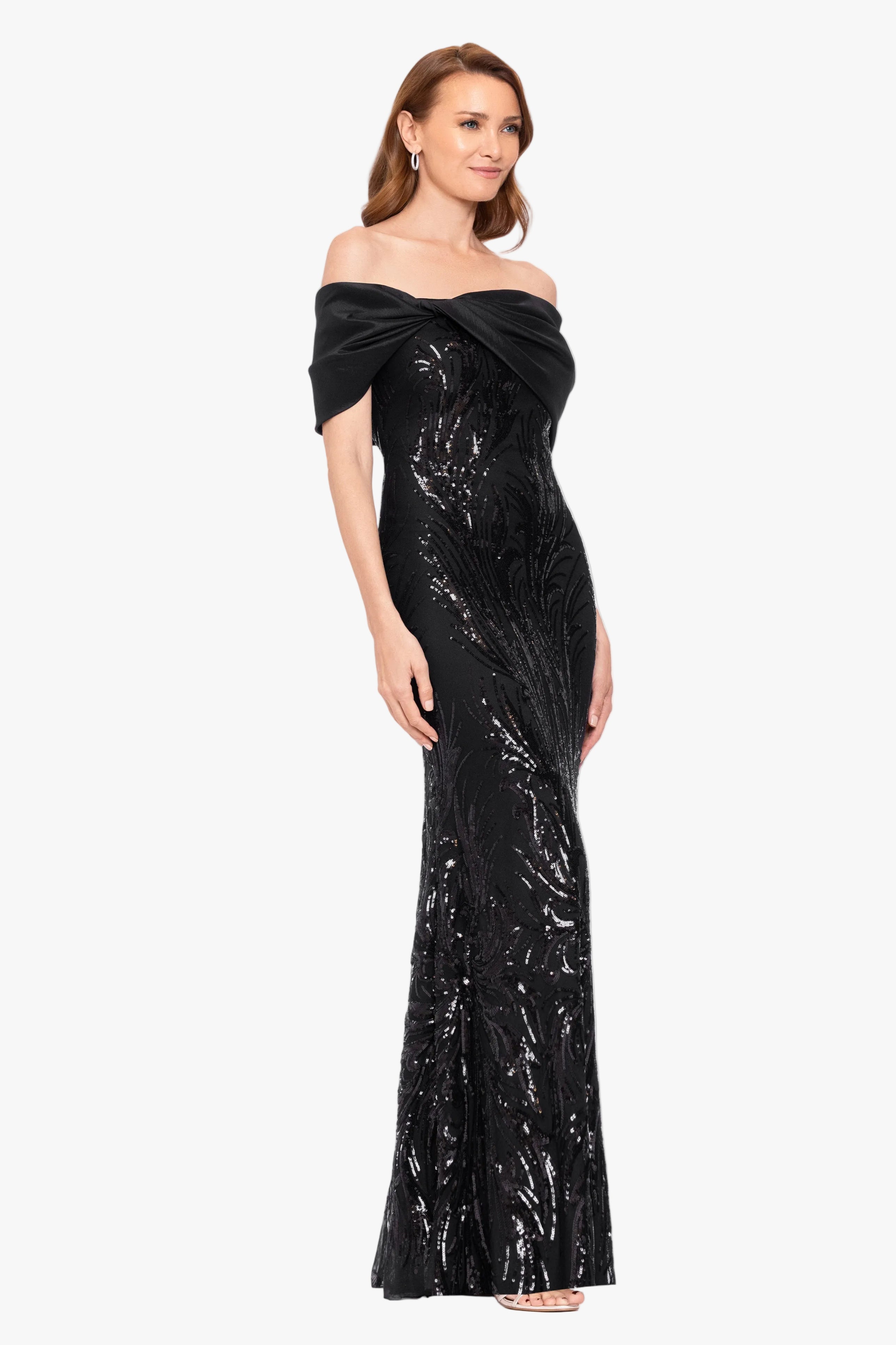 "Breezy" Sequin Off Shoulder Taffeta Twist Dress