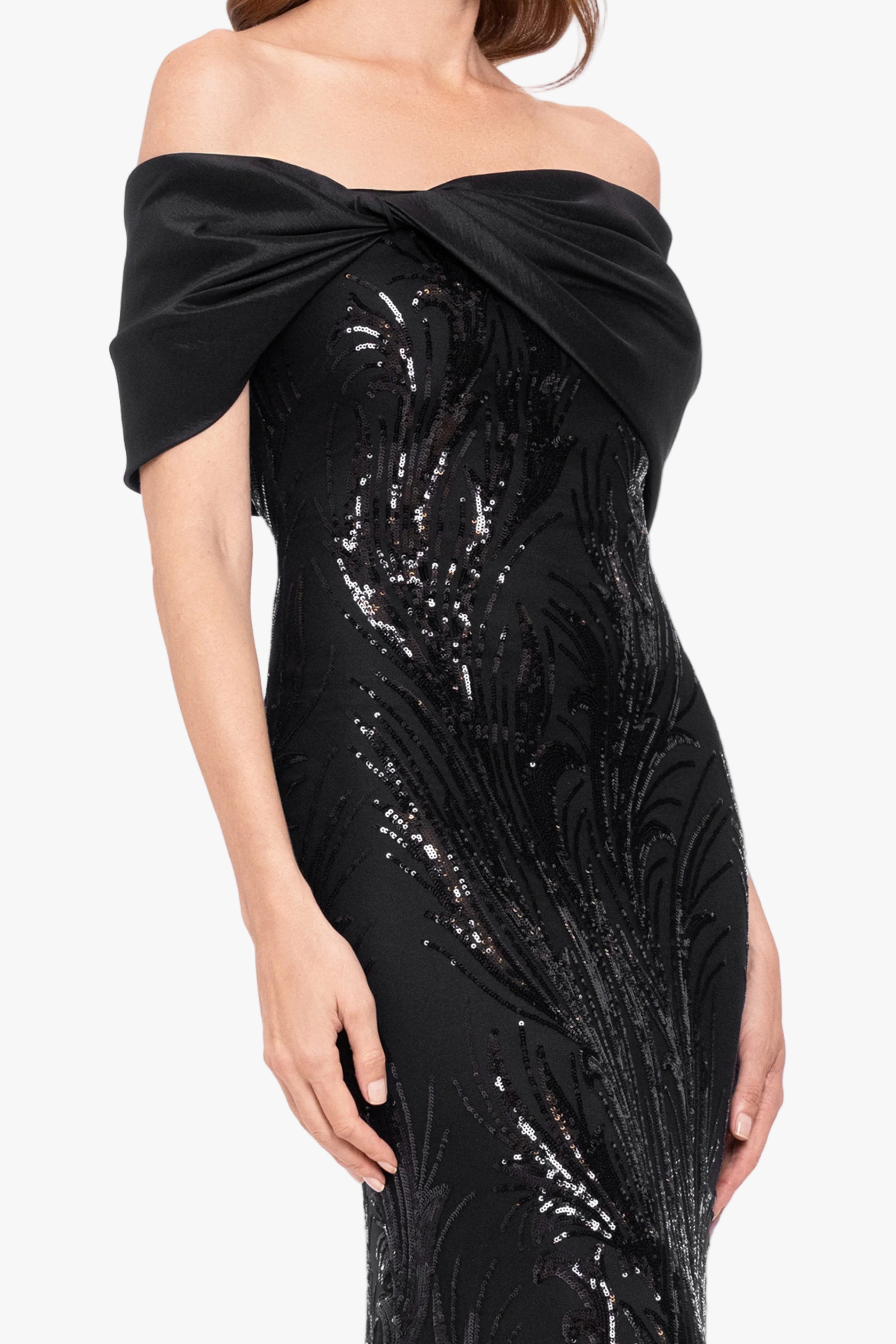 "Breezy" Sequin Off Shoulder Taffeta Twist Dress