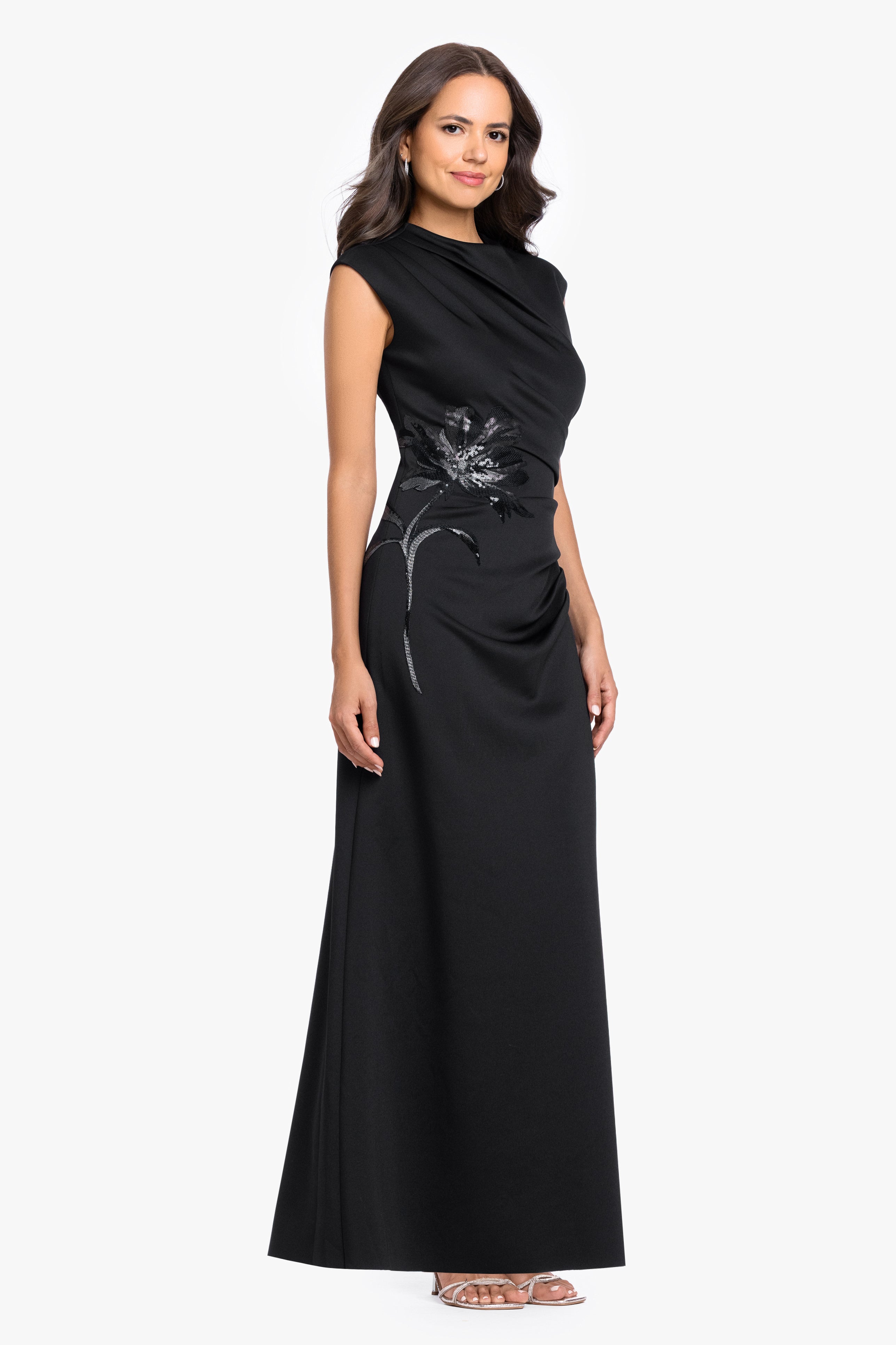 Petite "Phoebe" Techno Scuba Flower Applique Dress