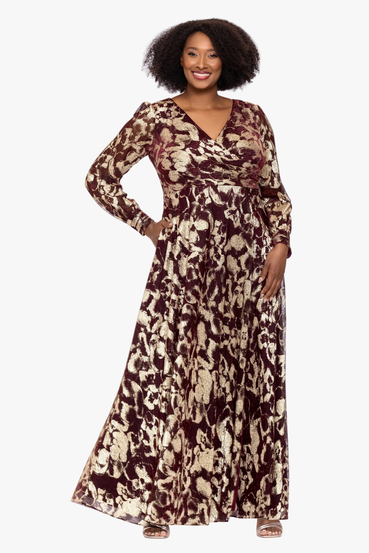 Plus "Meadow" Metallic Long Sleeve V-Neck Dress